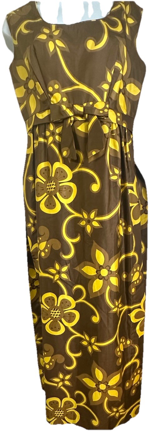 Vintage Mildred&rsquo;s of Hawaii Maxi Dress Brown Yellow Floral Empire Waist Size SM