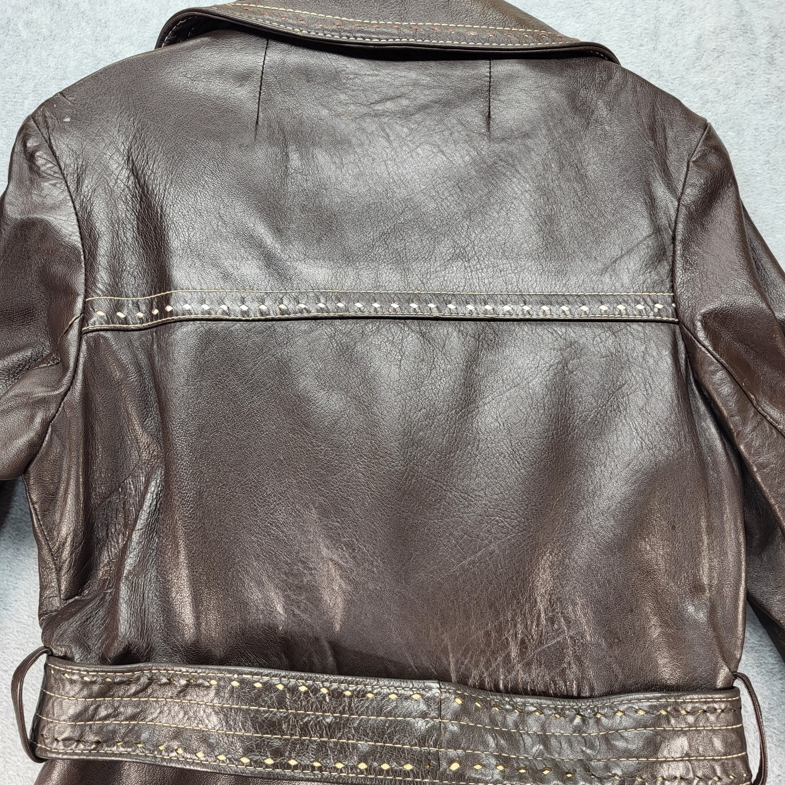 Dan Di Modes Belted Brown Leather Trench No Size Tag Distressed Spots Vintage
