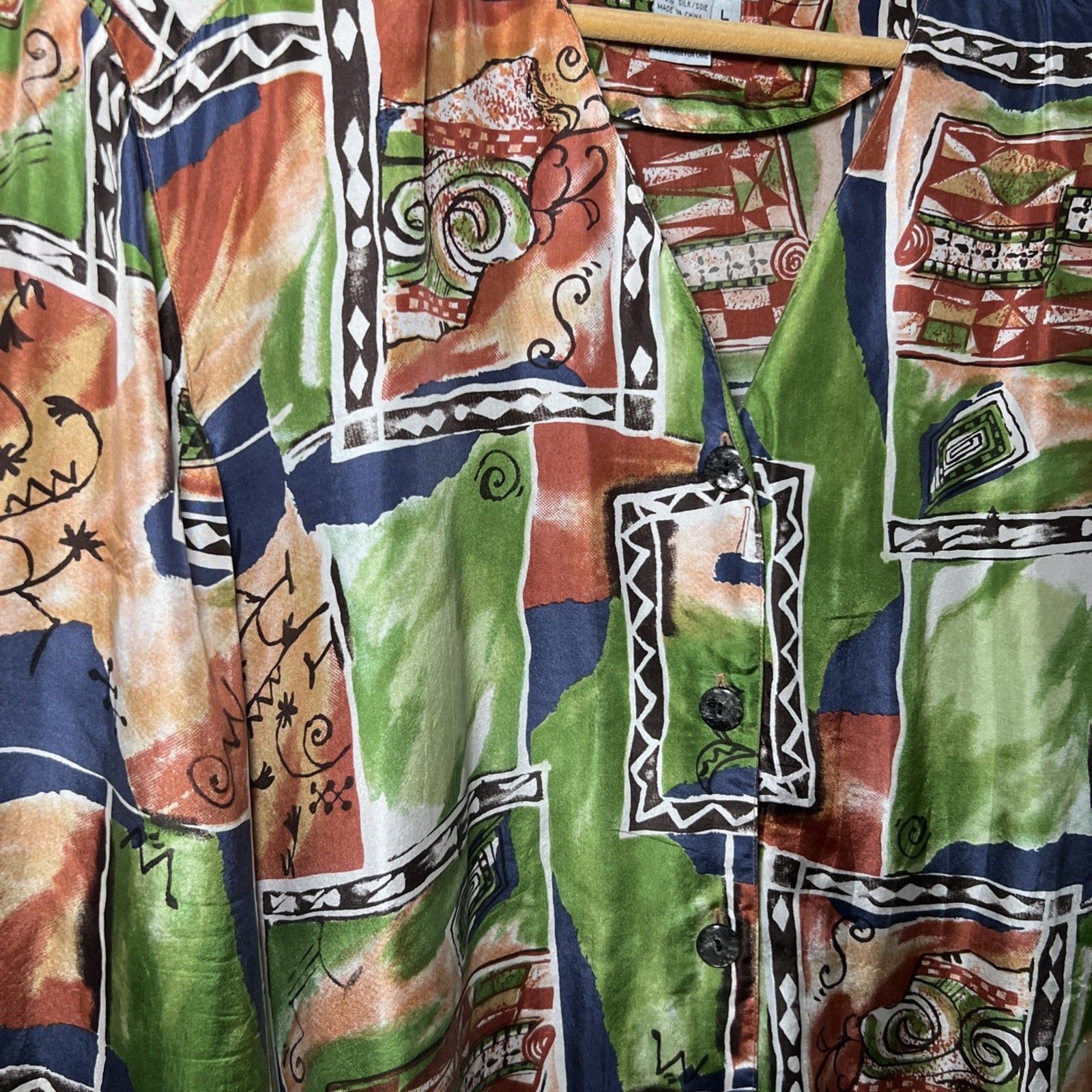 Vintage 80s Silk Button Up Blouse Tunic Large Multicolor Art to Wear Silks
