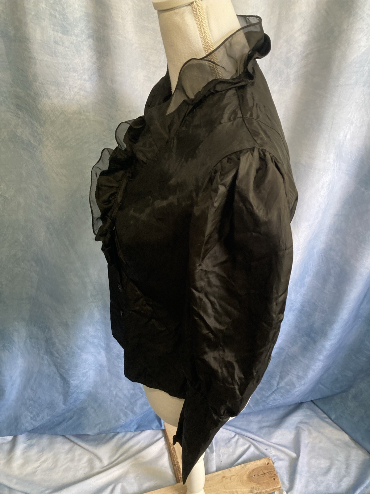 Vtg 80s Debut Goth Victorian Ruffle Jacket Blouse Acetate Balloon Sleeve Black