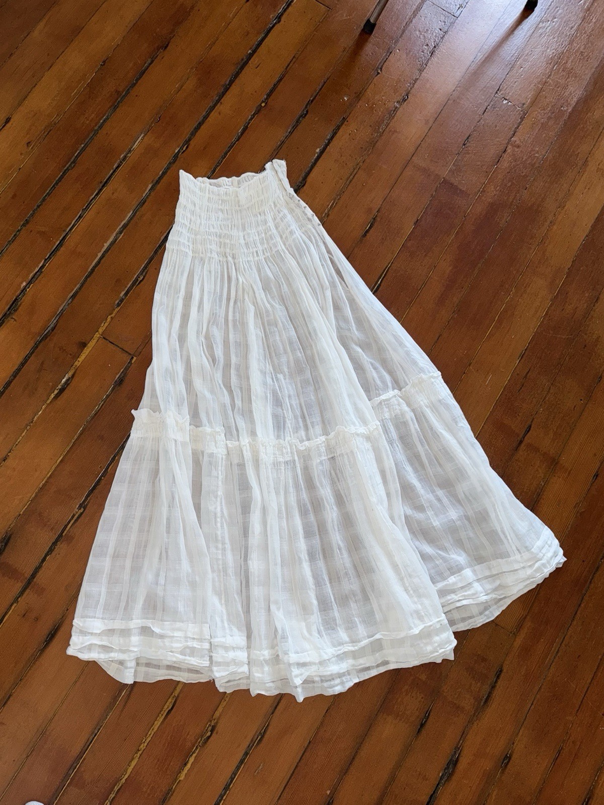 Antique Edwardian Sheer Windowpane Cotton Voile Skirt w Boned/Corseted Waist