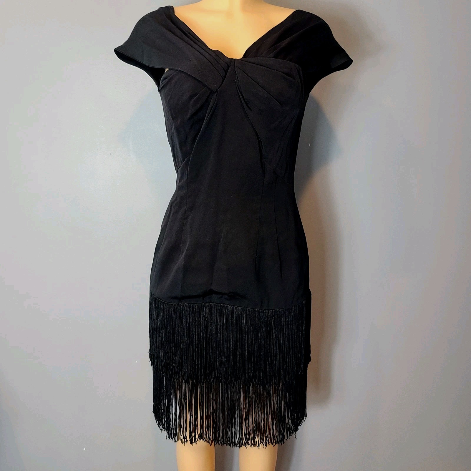 Vtg Black Sequin Flapper Dress Art Deco Gatsby Fringe Cocktail Party Sz Small