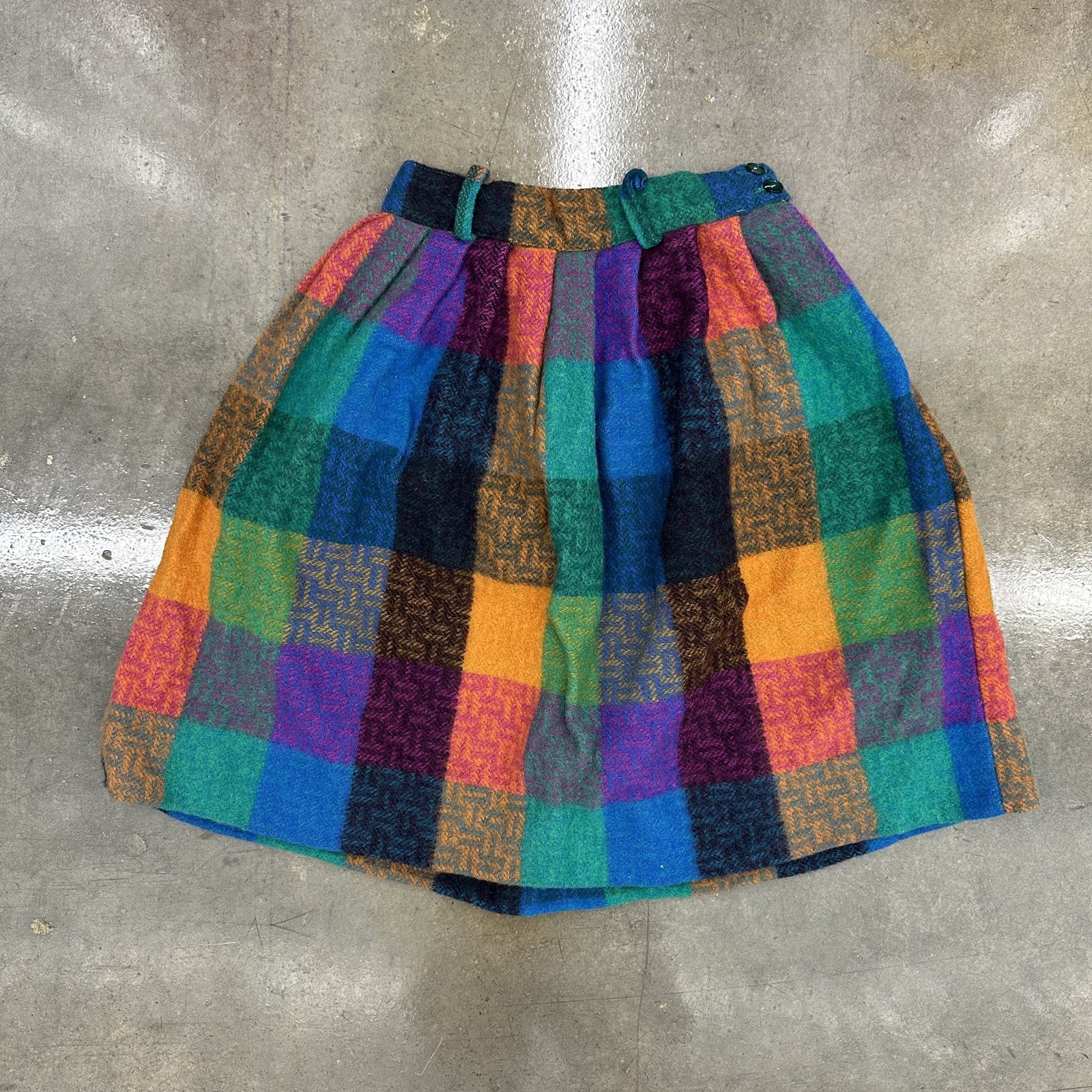 Vintage 50/60s Rainbow Colored Wool Skirt Side Zip And Button 22” Waist