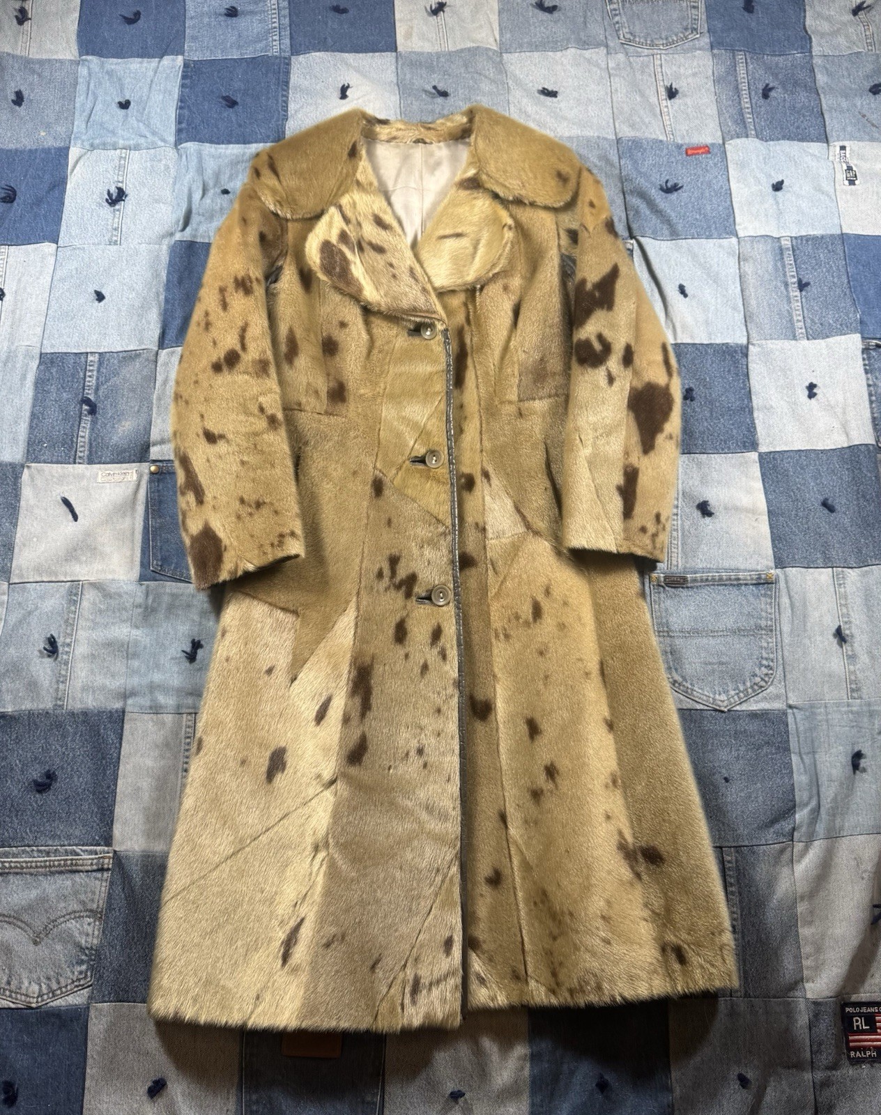 Vintage Seal Fur Spotted Pattern Fur Hide Leather Long Coat (Read Description)
