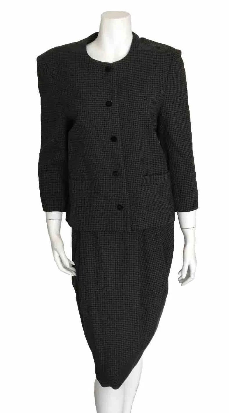 Sylvia Heisel Wool Herringbone Skirt Suit Dress Green Modern Small