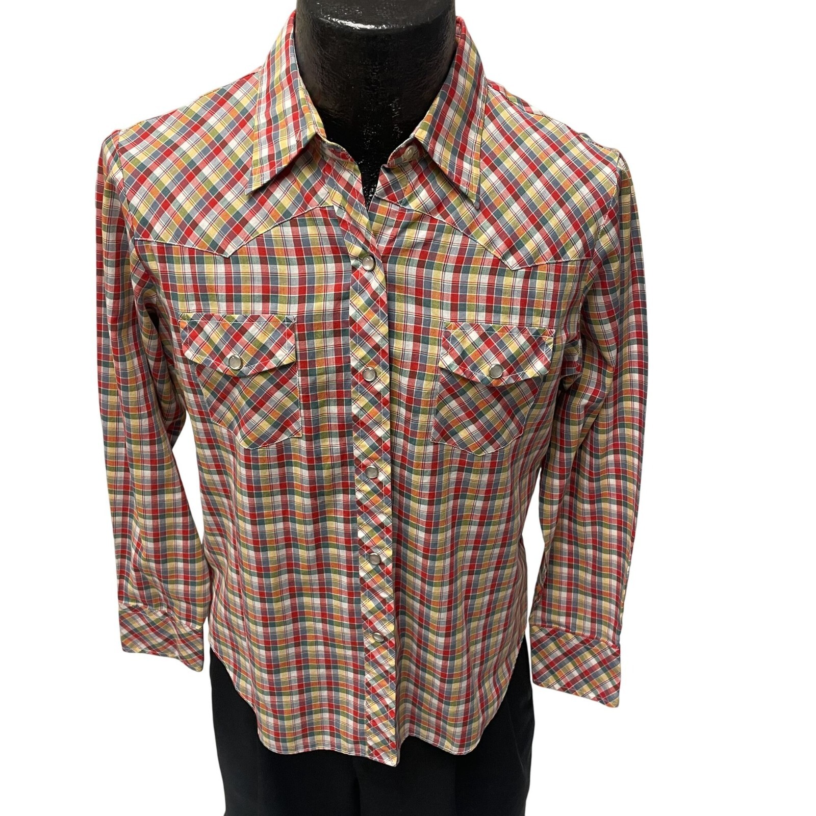 Vtg 70 80’s Red Yellow Green PLAID HIPPIE Cowboy Western RODEO Pearl Snap Shirt