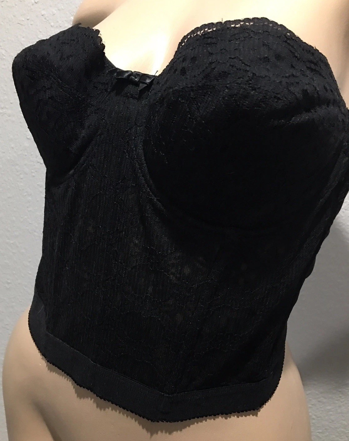 Vtg Black Nylon Bustier Long Line SEARS Bullet Bra 38B
