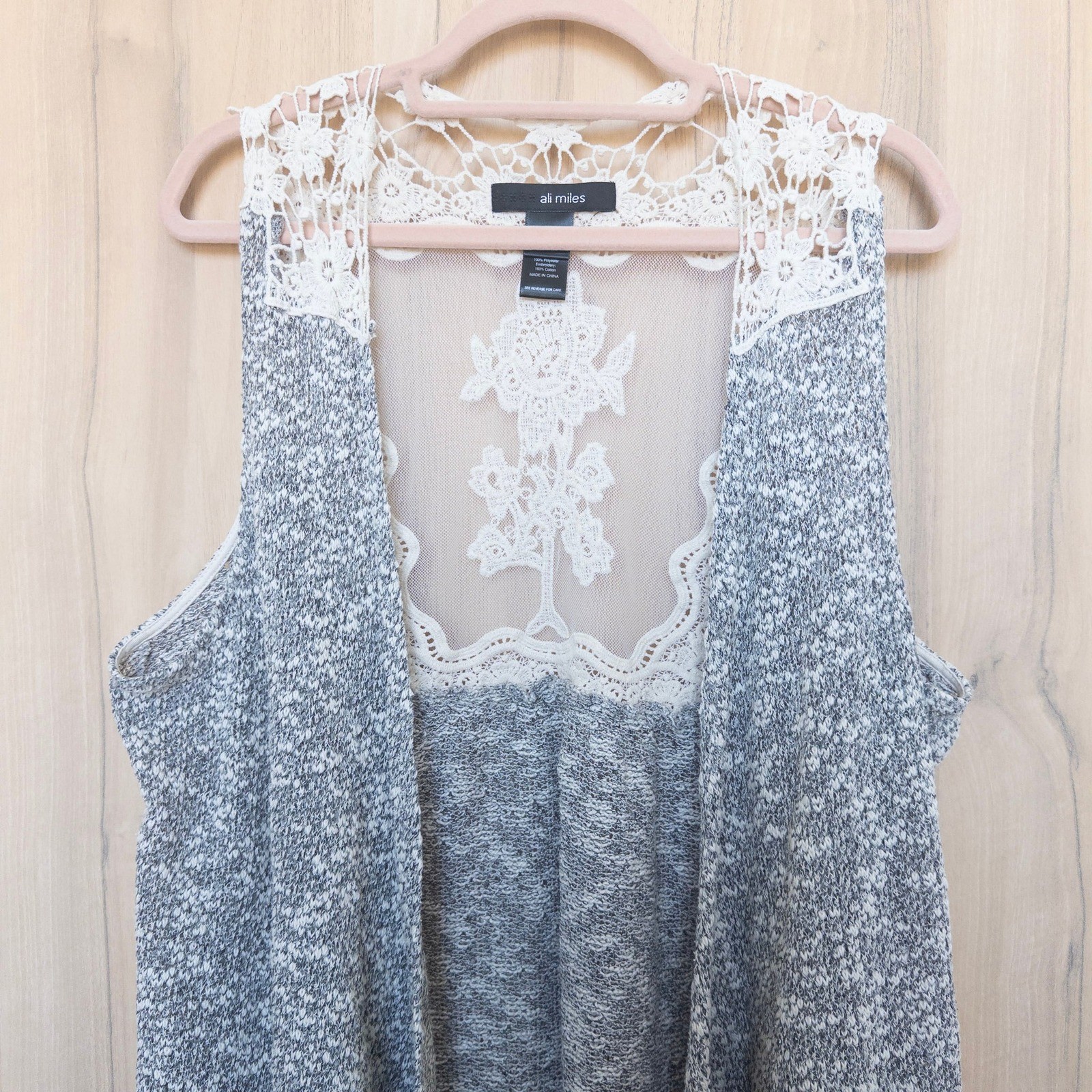 Ali Miles Womens Crochet Lace Back Vest Size L Open Front Marled Boho Cottage