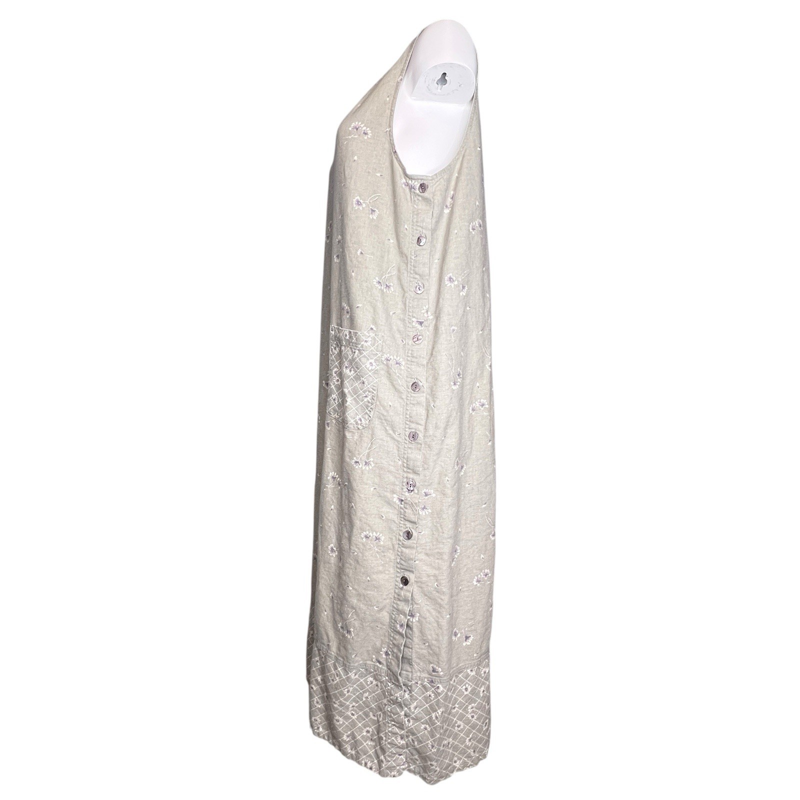 Vtg Erika Cottagecore Midi Dress Womens L Beige Floral Linen Blend Sleeveless