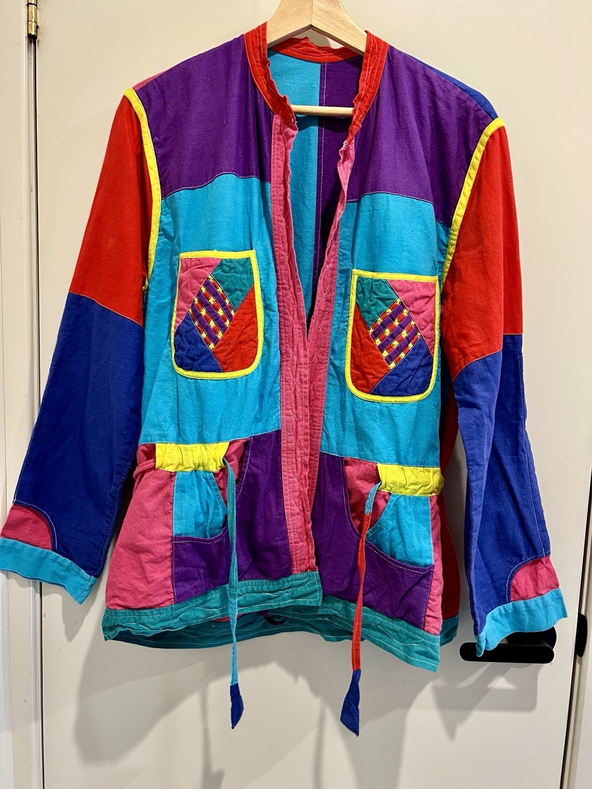 Vintage Handmade Retro 2-in-1 Reversible Patch Color Block Jacket Robe Size M/L.