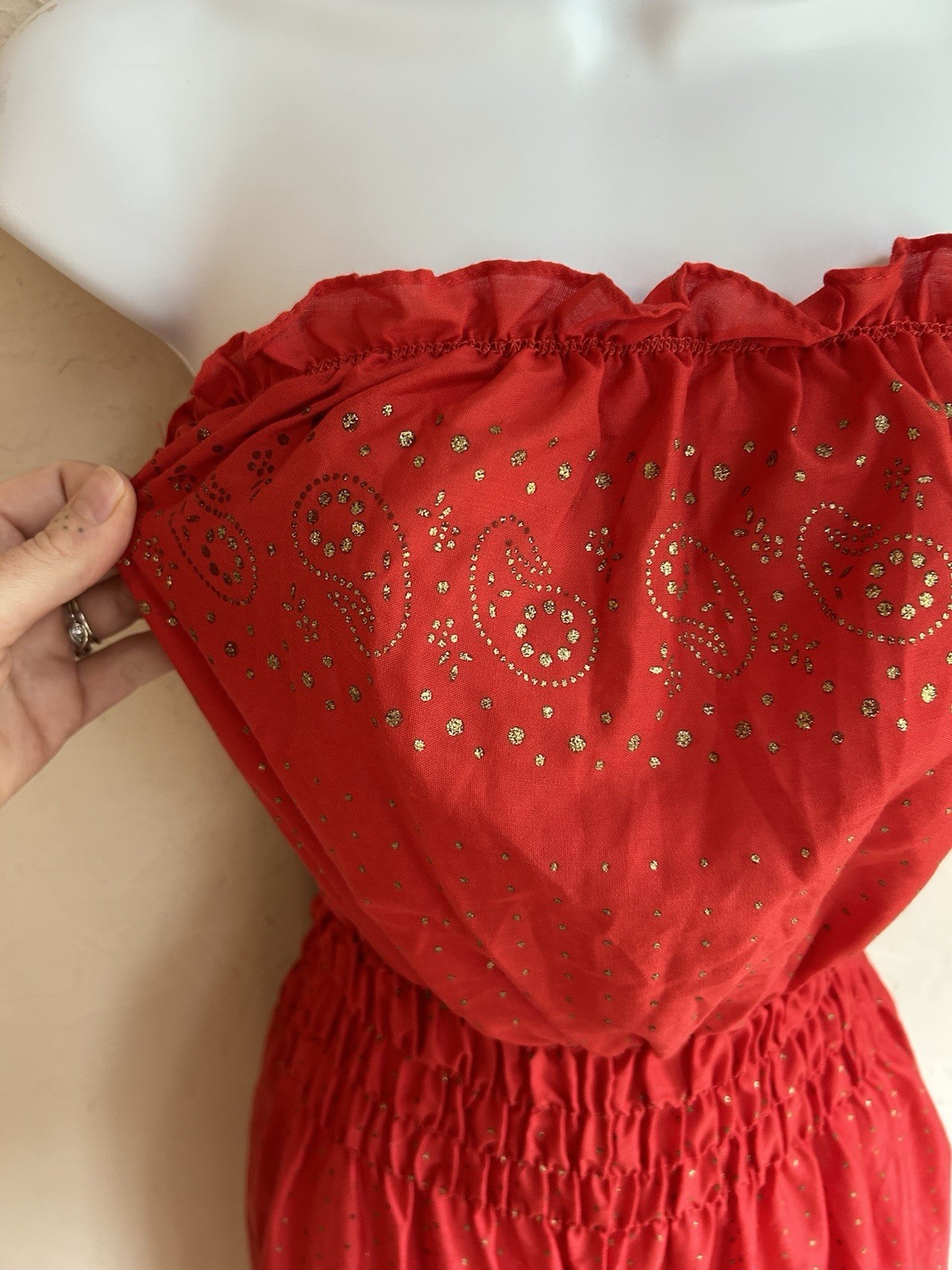 Vintage 1970s Strapless Jumpsuit Duster Set L Red Gold Harem Balloon Boho Disco