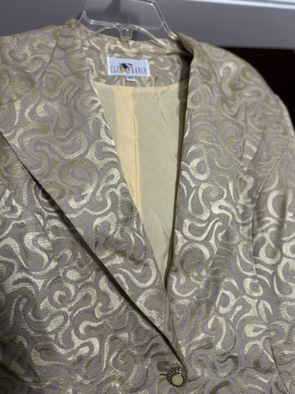 Vintage Club France 3 Pc Skirt Suit Womens 20 Gold Brocade Made USA