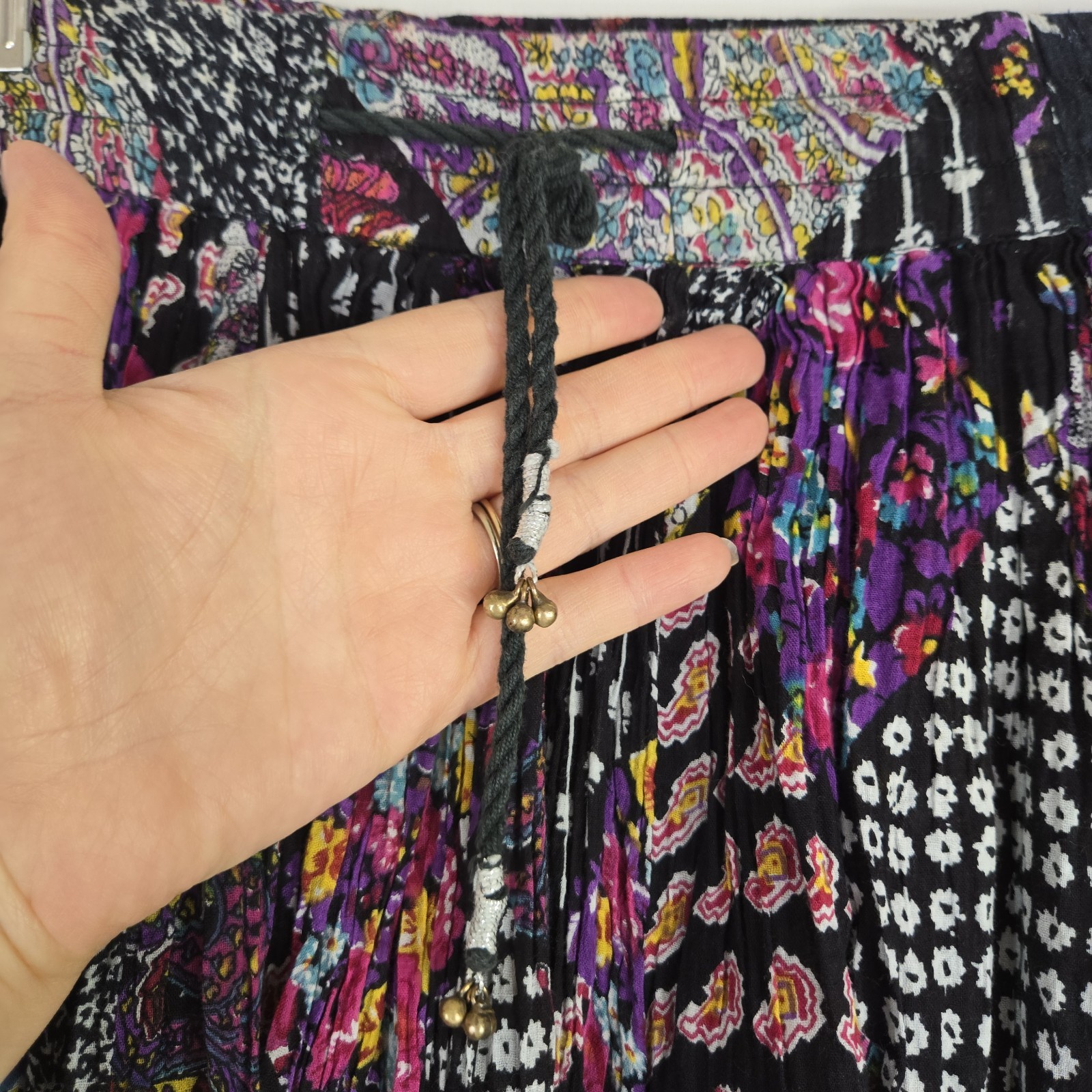 Vintage 1990s Basic Edition Floral Patchwork Skirt Black and Pink Flowy Gypsy M