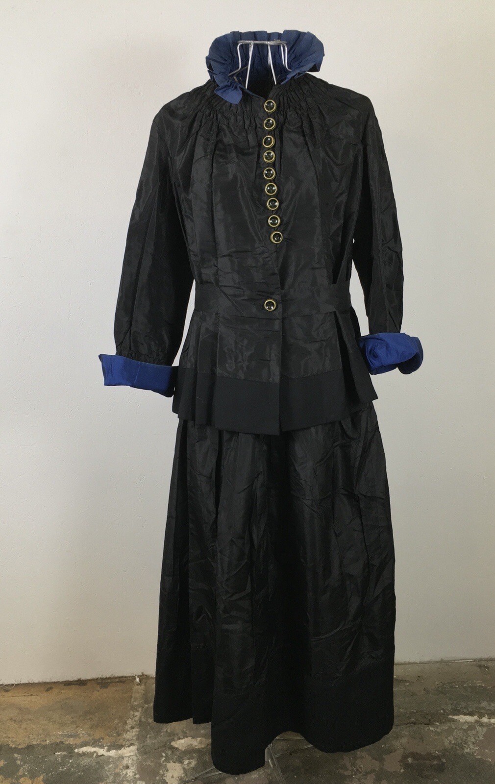 Exquisite Antique Edwardian Black & Blue Silk Walking Skirt Suit