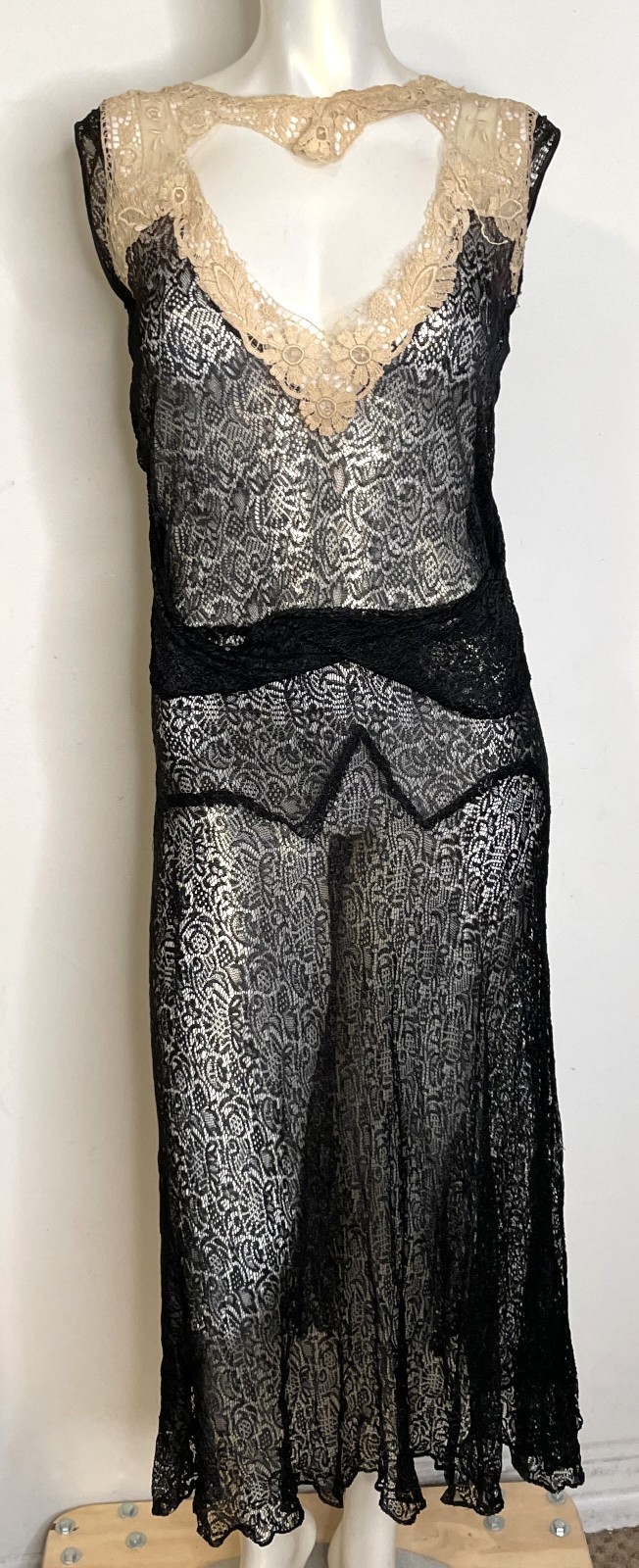 Antique 20s 30s Black Lace Art Deco Dress S M 3-in-1 Sleeveless Midi Fitted