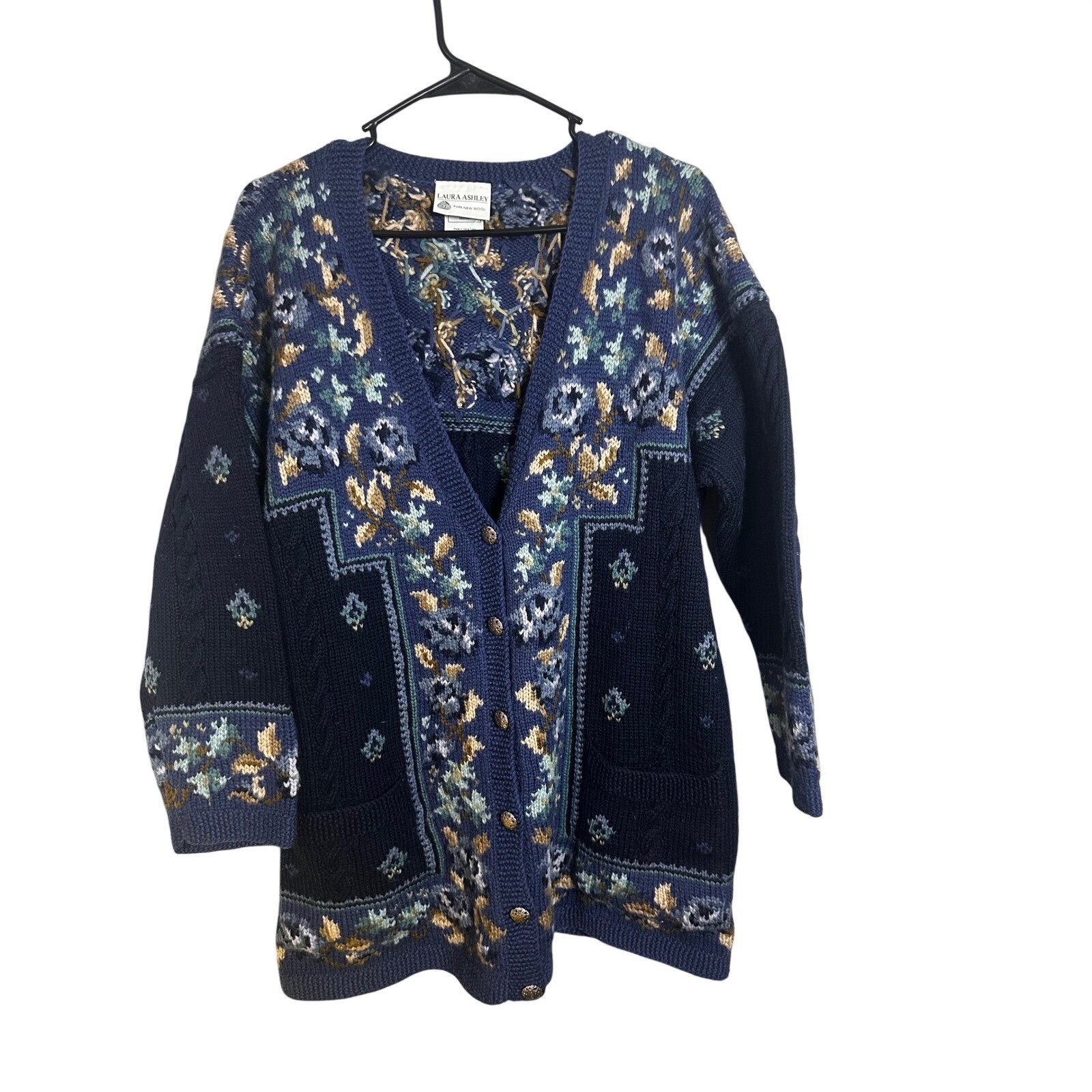 Laura Ashley Vintage 100% Pure New Wool Floral Cardigan Navy Blue Medium