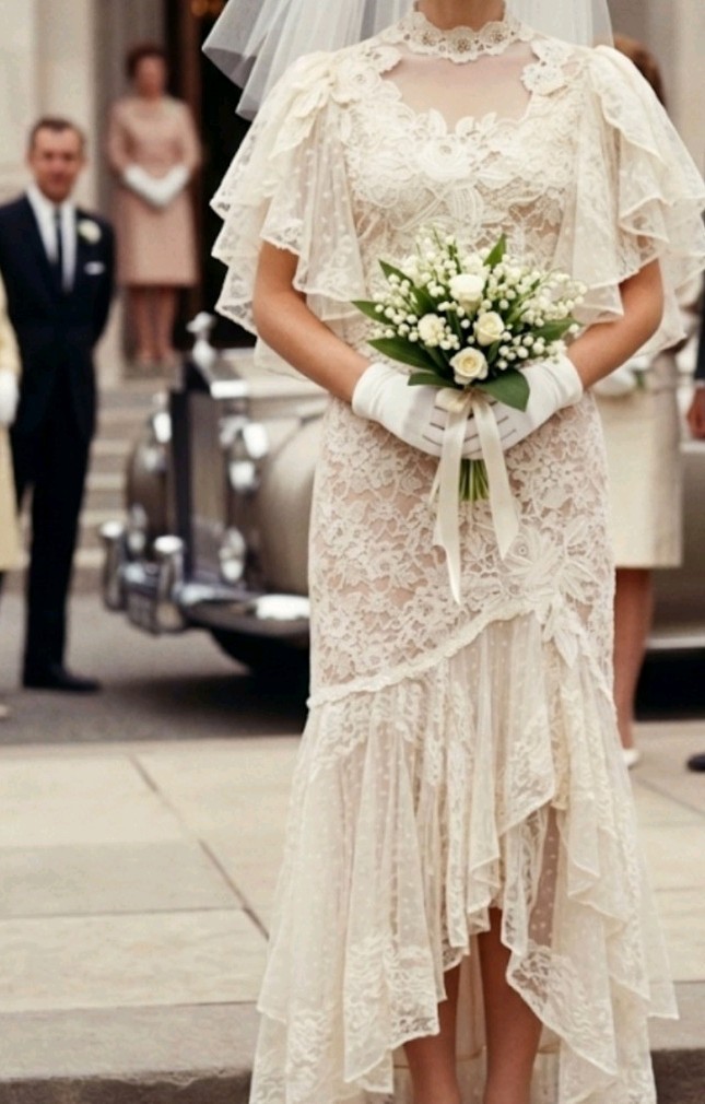 VTG 1960&rsquo;s Wedding Dress Handmade WAIST 28.5&Prime; Victorian Revival Gown Mod Couture