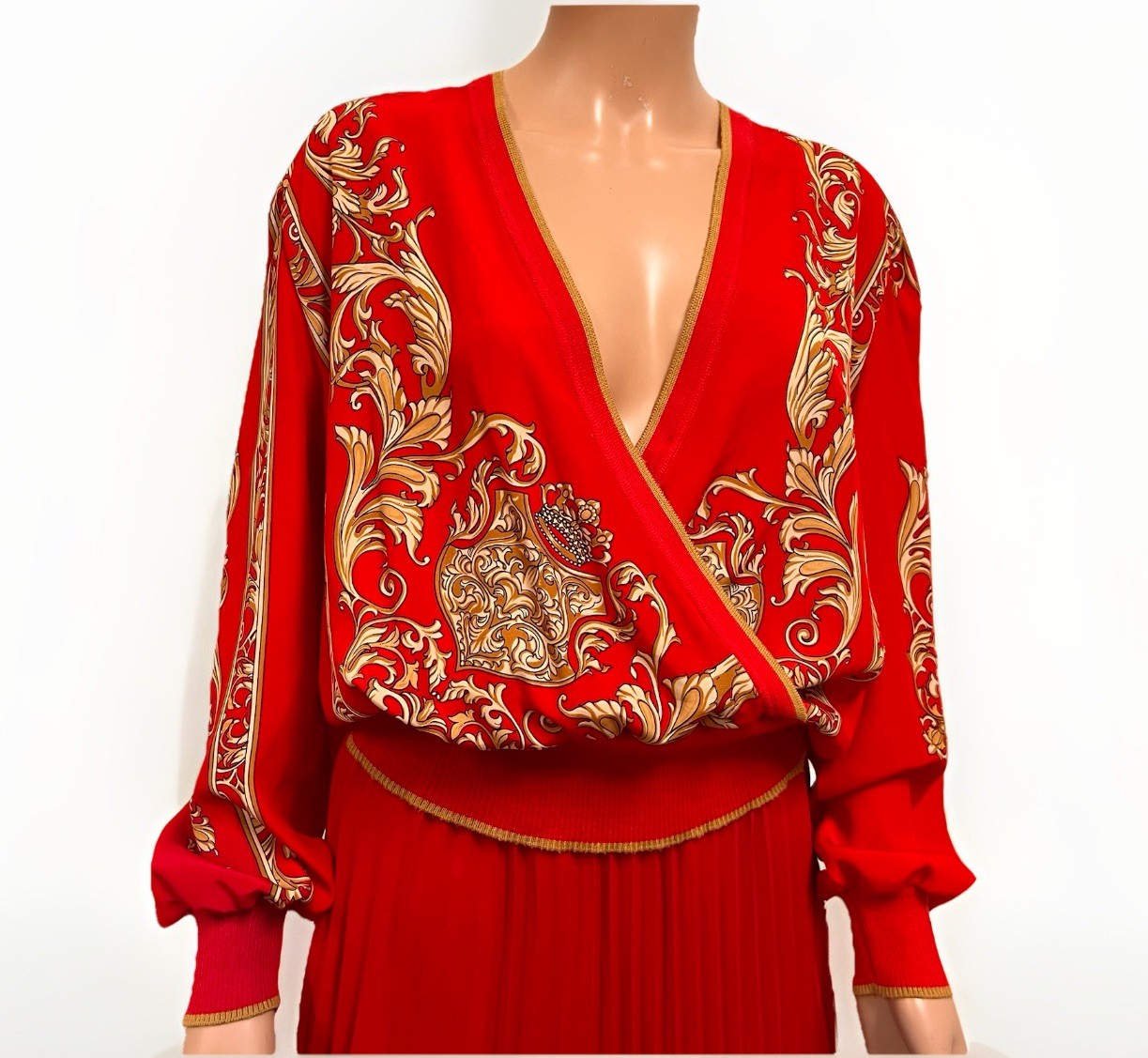 VTG Designer Blouse Red Gold Versace Inspired Baroque Print Women’s Size M