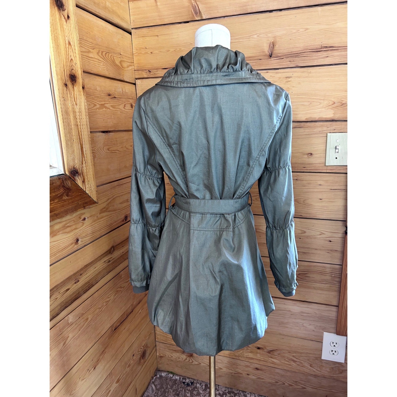 Vintage Metallic Trench Coat Womens Large Pewter Gray Samuel Dong Bubble Hem 90s