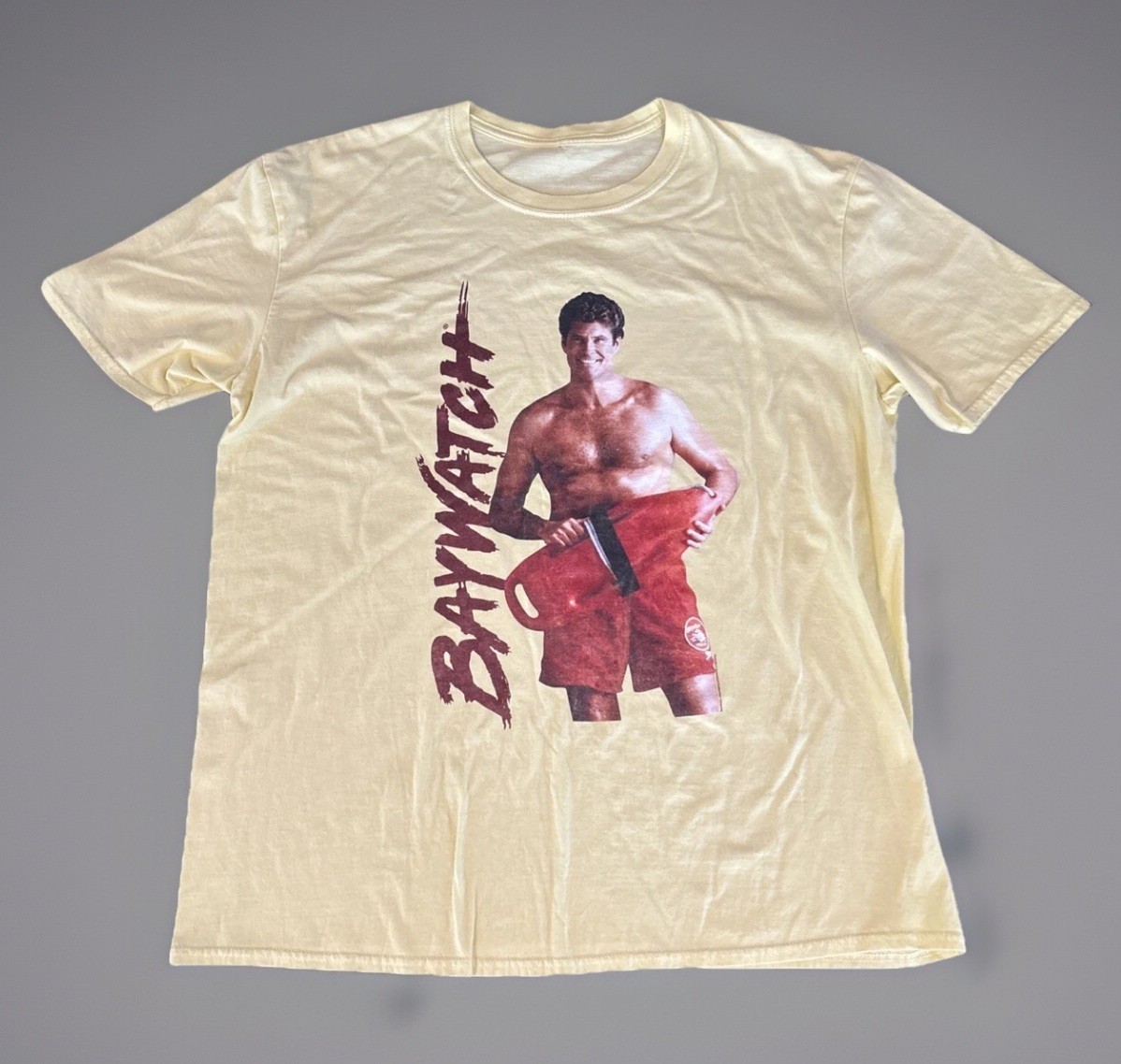 Vintage Baywatch David Hasselhoff TV Show T-Shirt Yellow Tee Top Women’s Cut