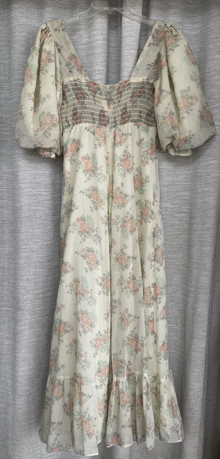 Vintage 70s Phase II California Prarie Floral Boho Sax Style Maxi Dress Sz 11