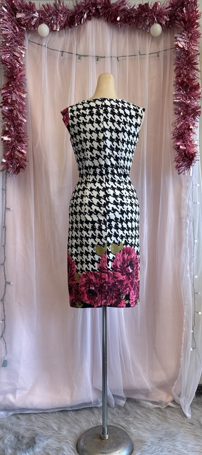 Vintage Y2K 2000s Does 60s Wiggle Pencil Dress Houndstooth Floral Deep V S