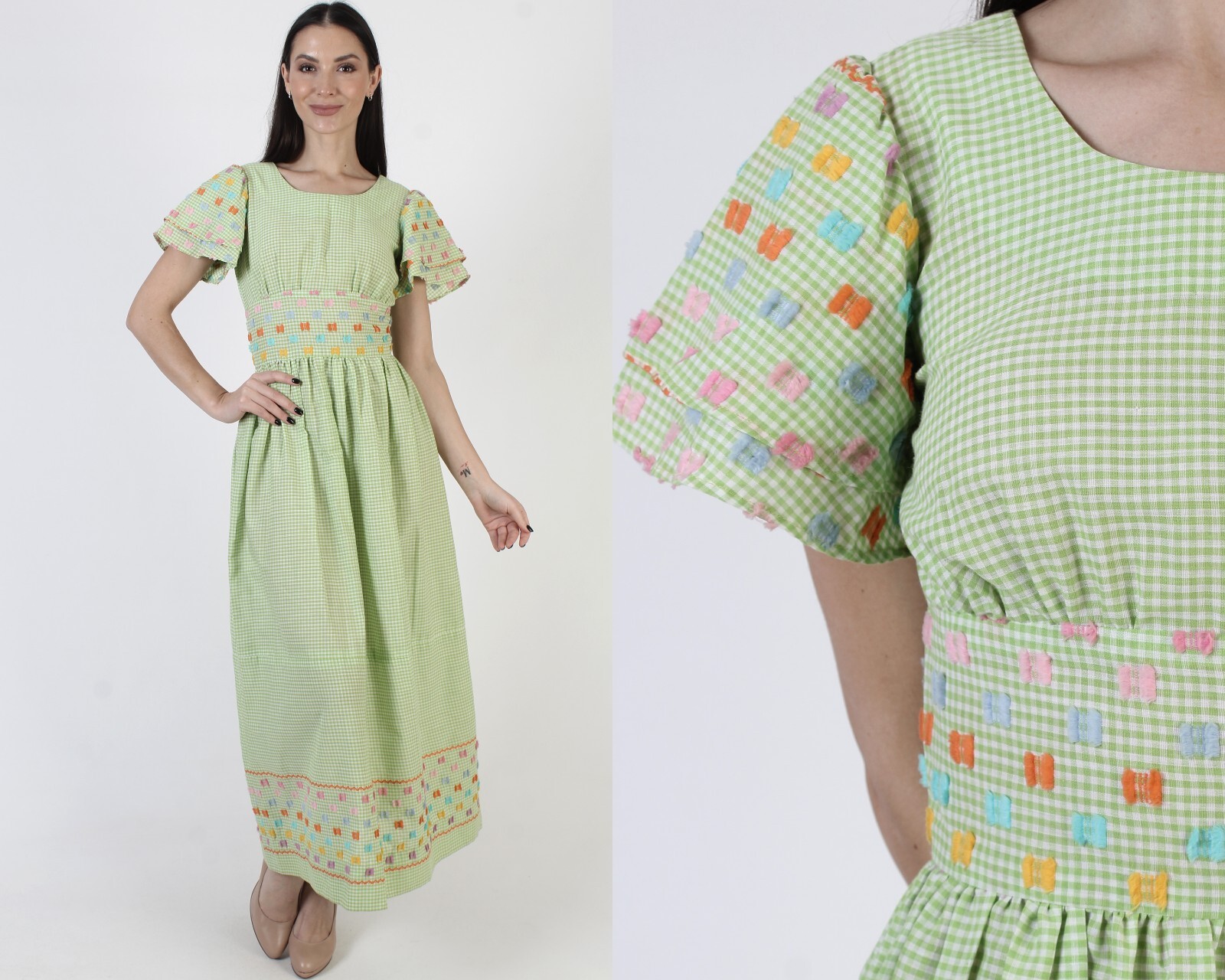 Vintage Green Gingham Prairie Dress High Waist Cottagecore Peasant Boho Maxi