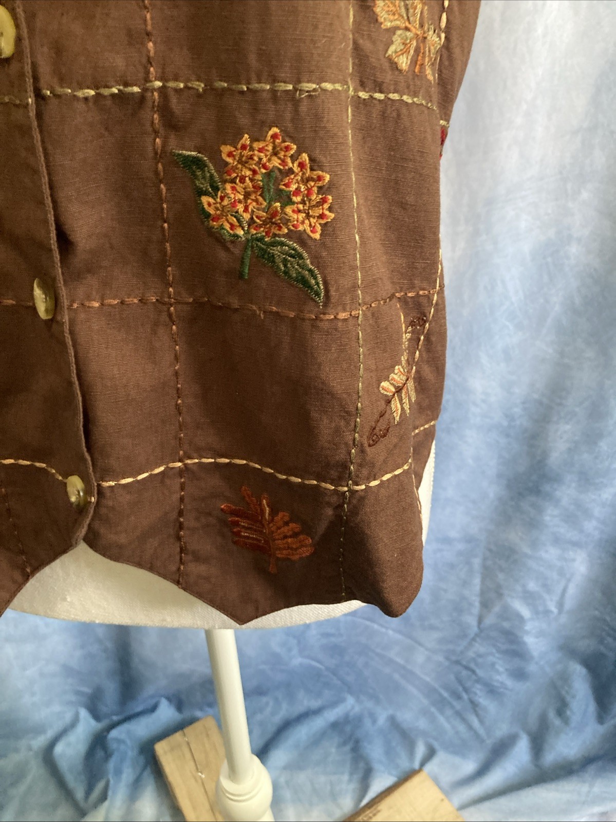 Vtg 90s Casey & Max Embroidered Vest Floral Brown Linen Cotton Cottagecore Fall