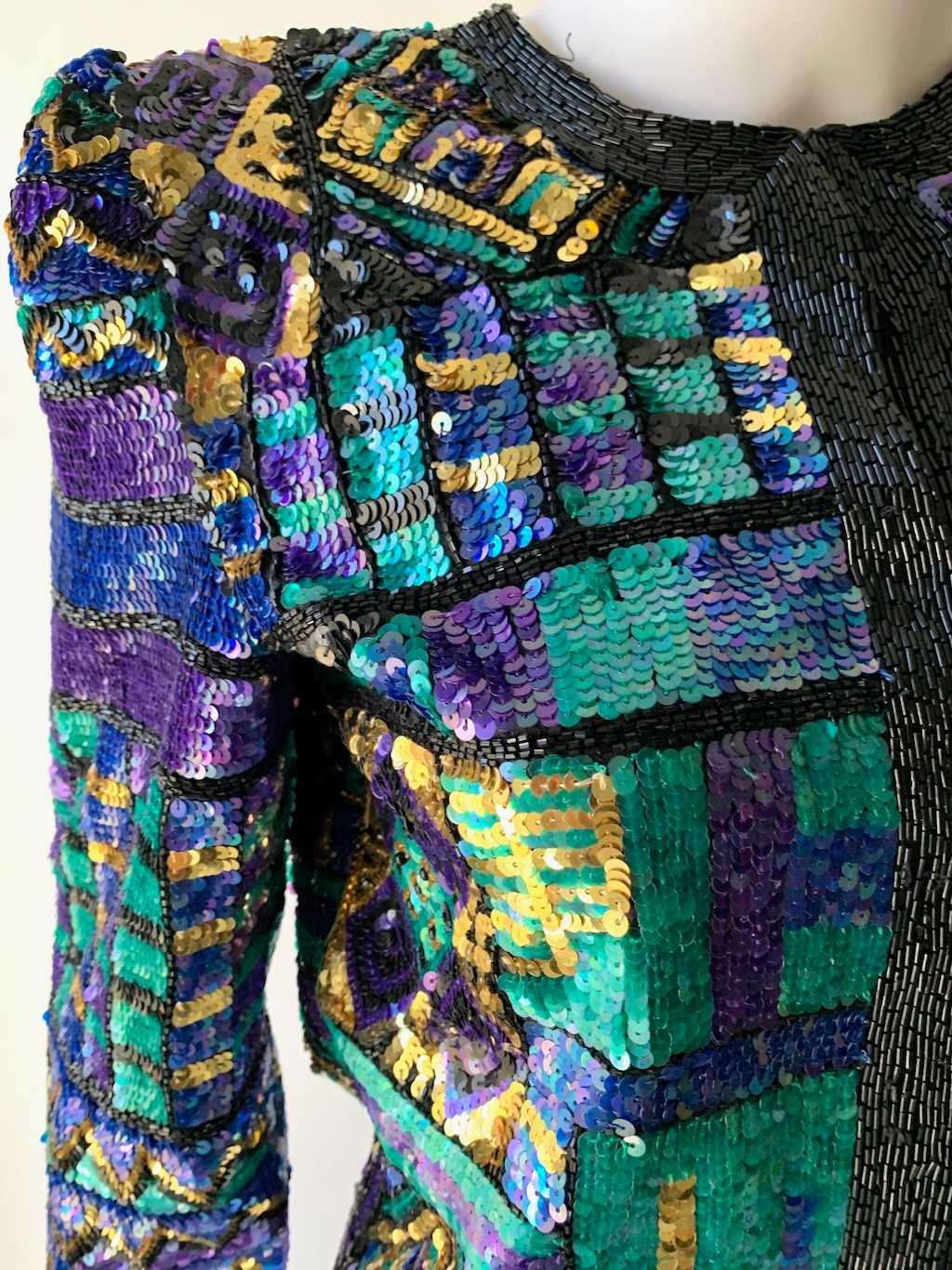 Vintage Jacket Lawrence Kazar Blue Green Silk Sequin Beaded Festival Party SMALL