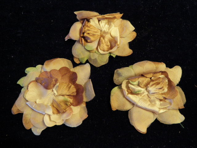 Vintage Millinery Flower 3 1/2&Prime; Brown Green 3p Lot for Hat Wedding + Hair Z28