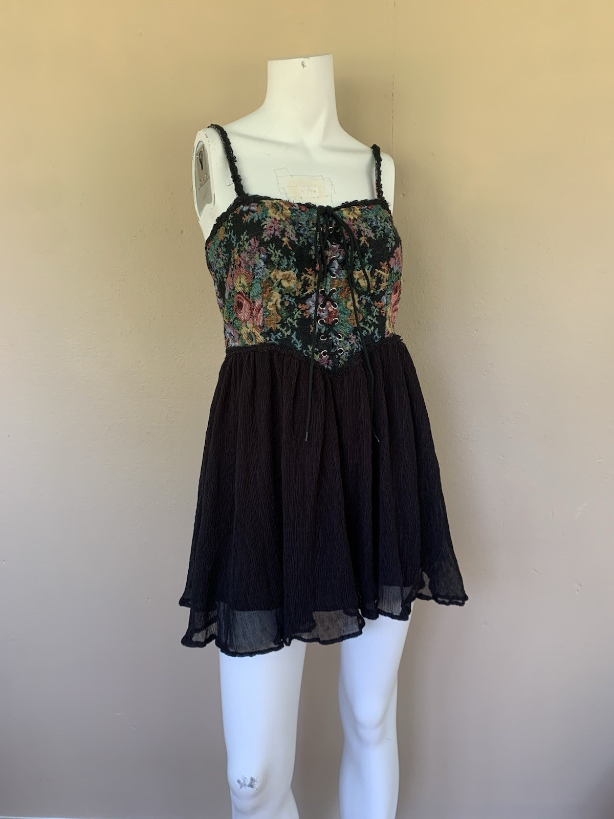 Vintage 90s Corset Tapestry Bust Mini Dress | Y2K Spaghetti Strap Babydoll Dress