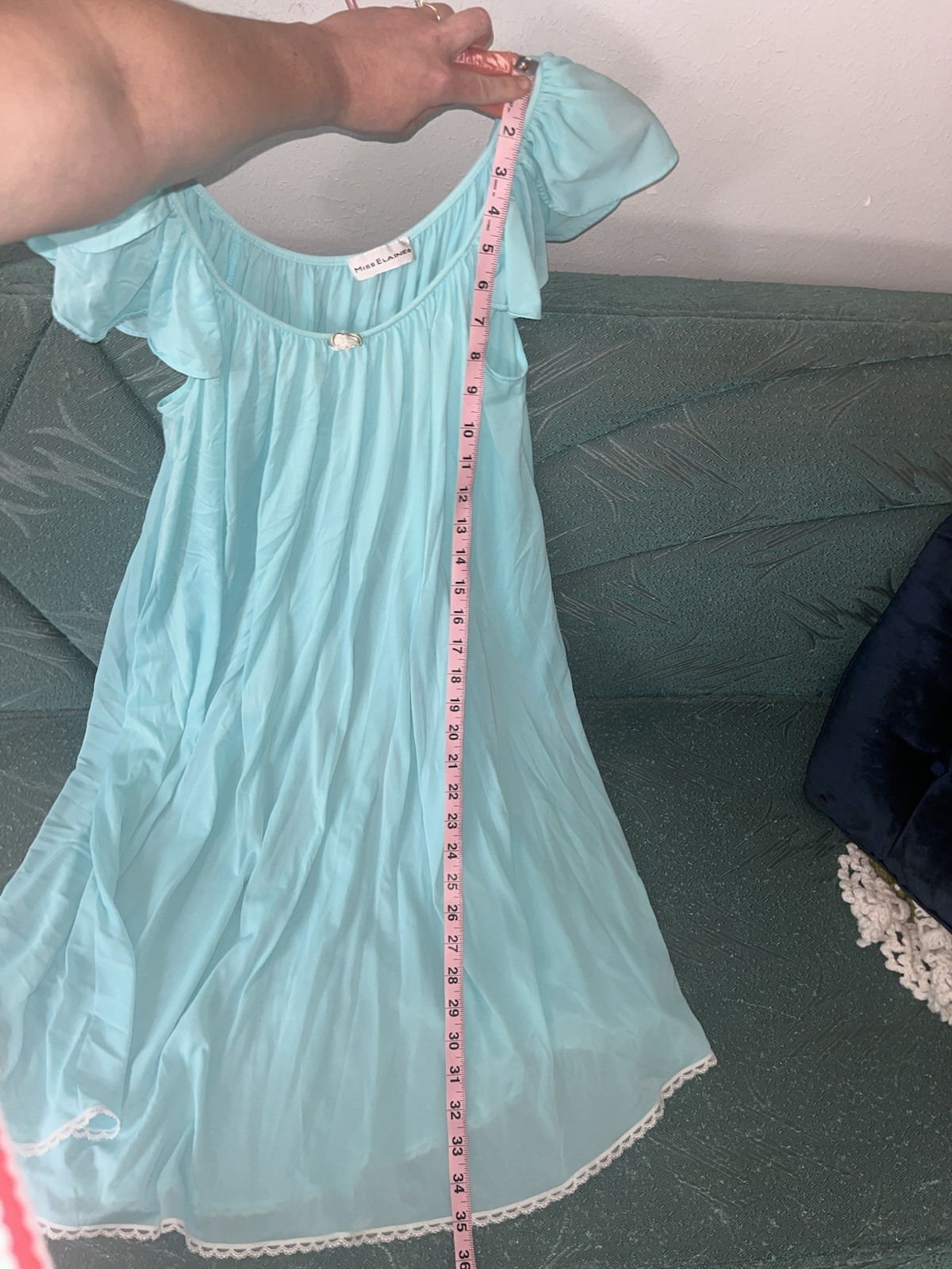 Vtg Miss Elaine Aqua Blue Nightgown Small Flutter Sleeve Babydoll White Lace