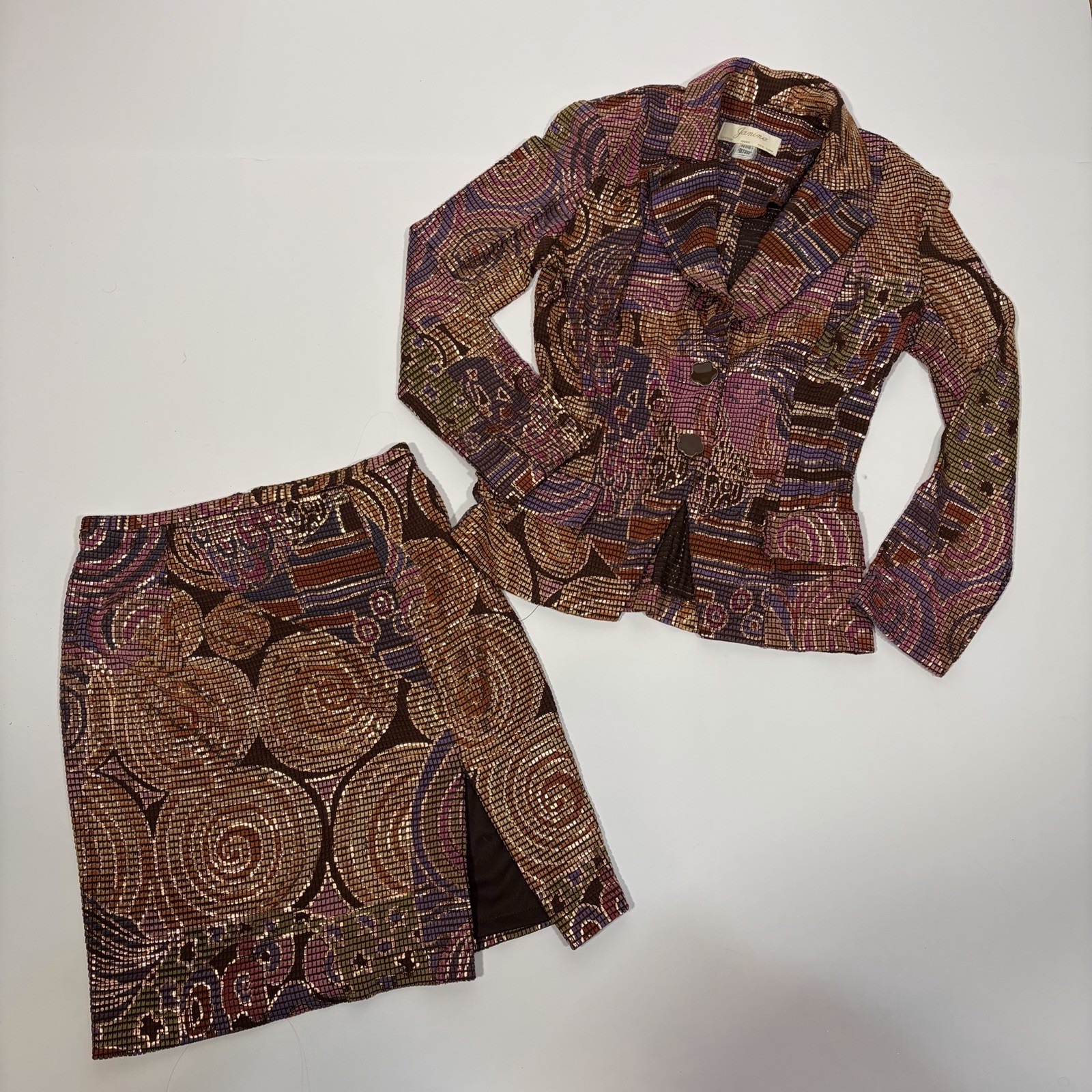 Janine Petites Geometric Skirt Suit Brown Purple Gold Pink Multicolor