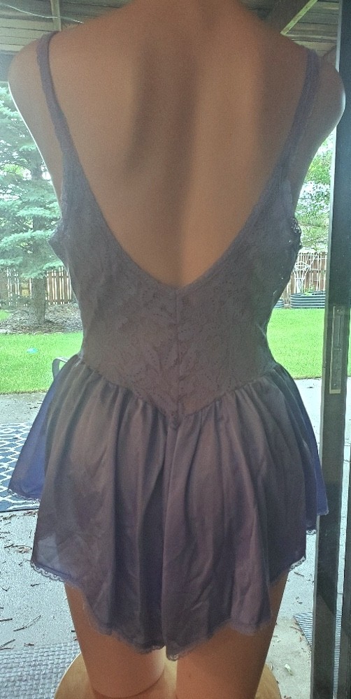 Vtg. OLGA Periwinkle Blue, Lace Bodice Formfit Teddy, Romper, Step-In Gown, XL