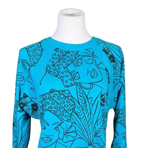 Jeanne Pierre Renee Tenner Vintage Blue Cotton Face Graphic Top Small