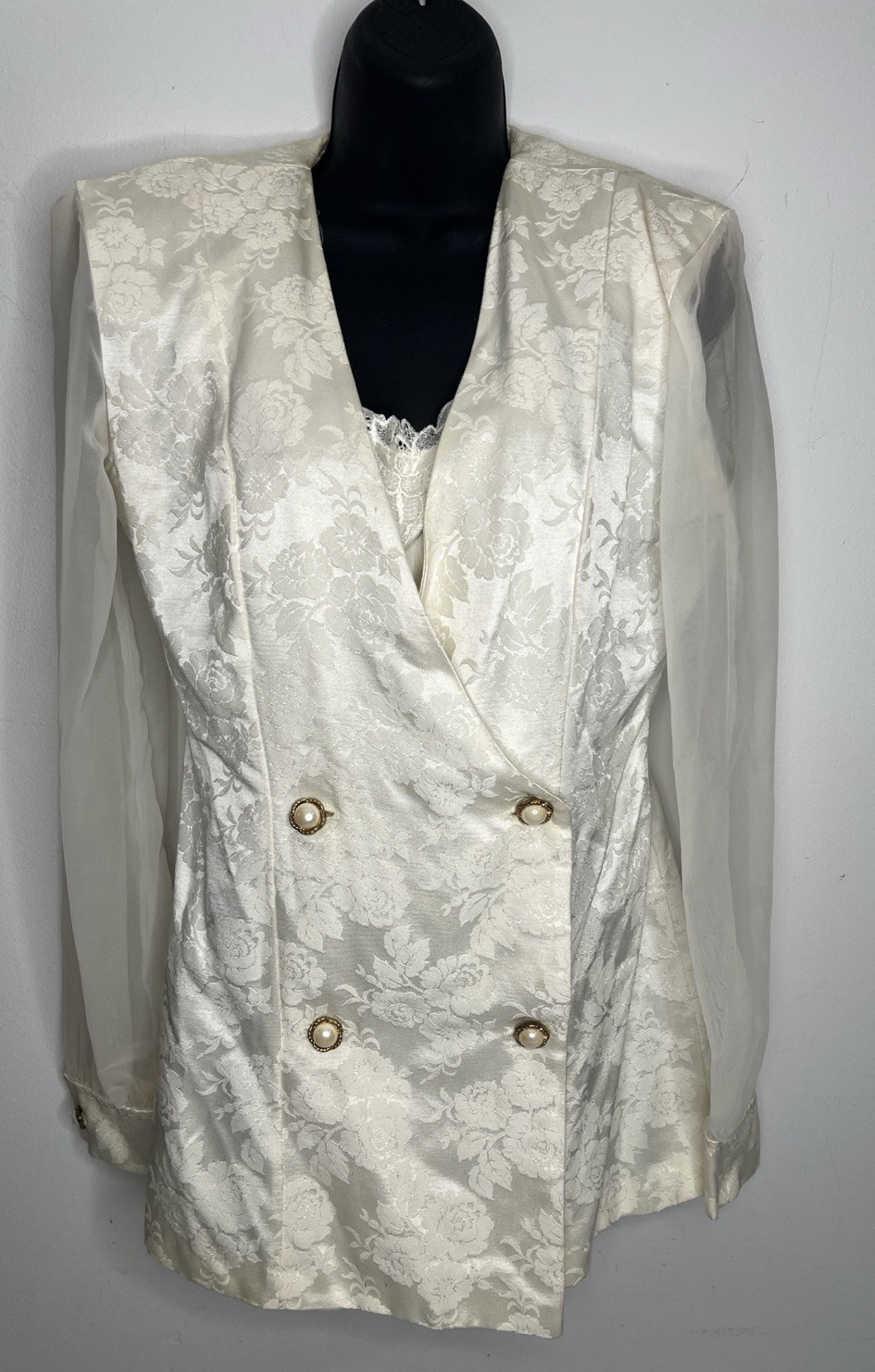 Vintage 80s Braunstyle Double Breasted Floral Blazer Sheer Sleeves Size 5/6
