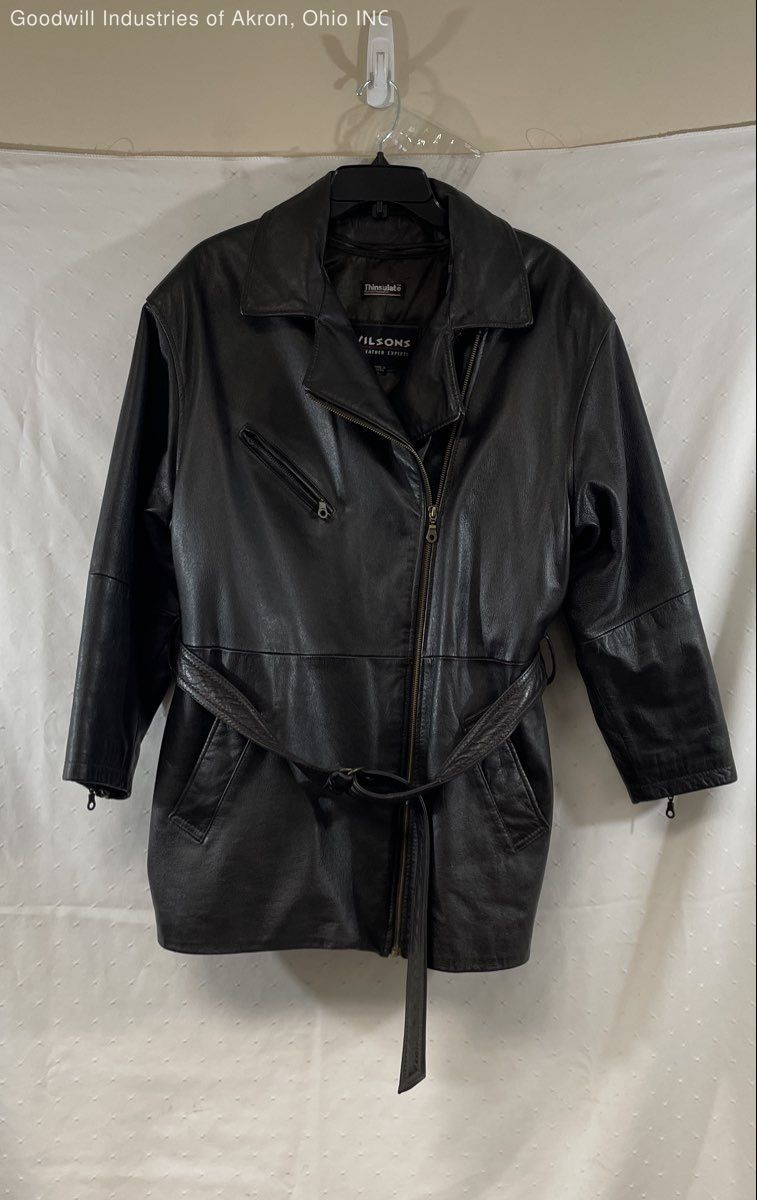 Vintage 90s Wilsons Leather Women&rsquo;s Black Moto Biker Jacket Belted Thinsulate L