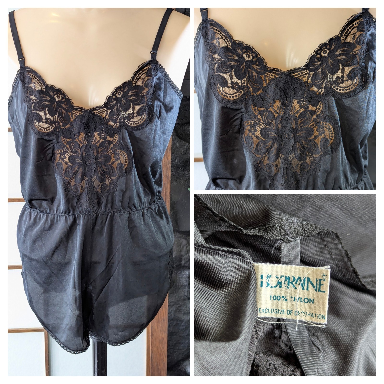Vtg Lorraine Black Lace Teddy Romper Lingerie 70s Lace Inset Sz 34 Snap Opening