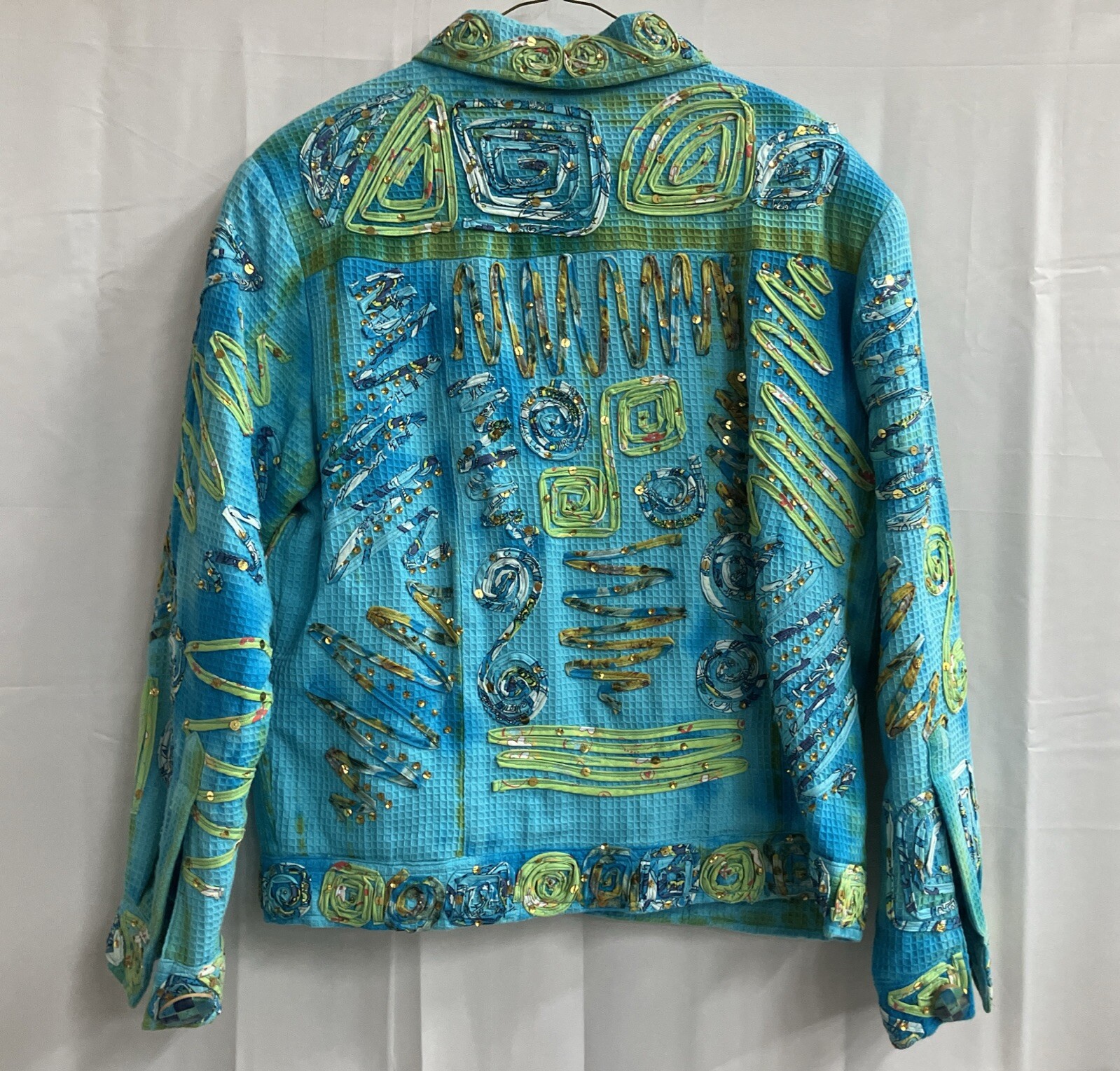 Vintage 90s Turquois Jacket Patchwork Bedazzle Retro CARRIE ALLEN Size Small