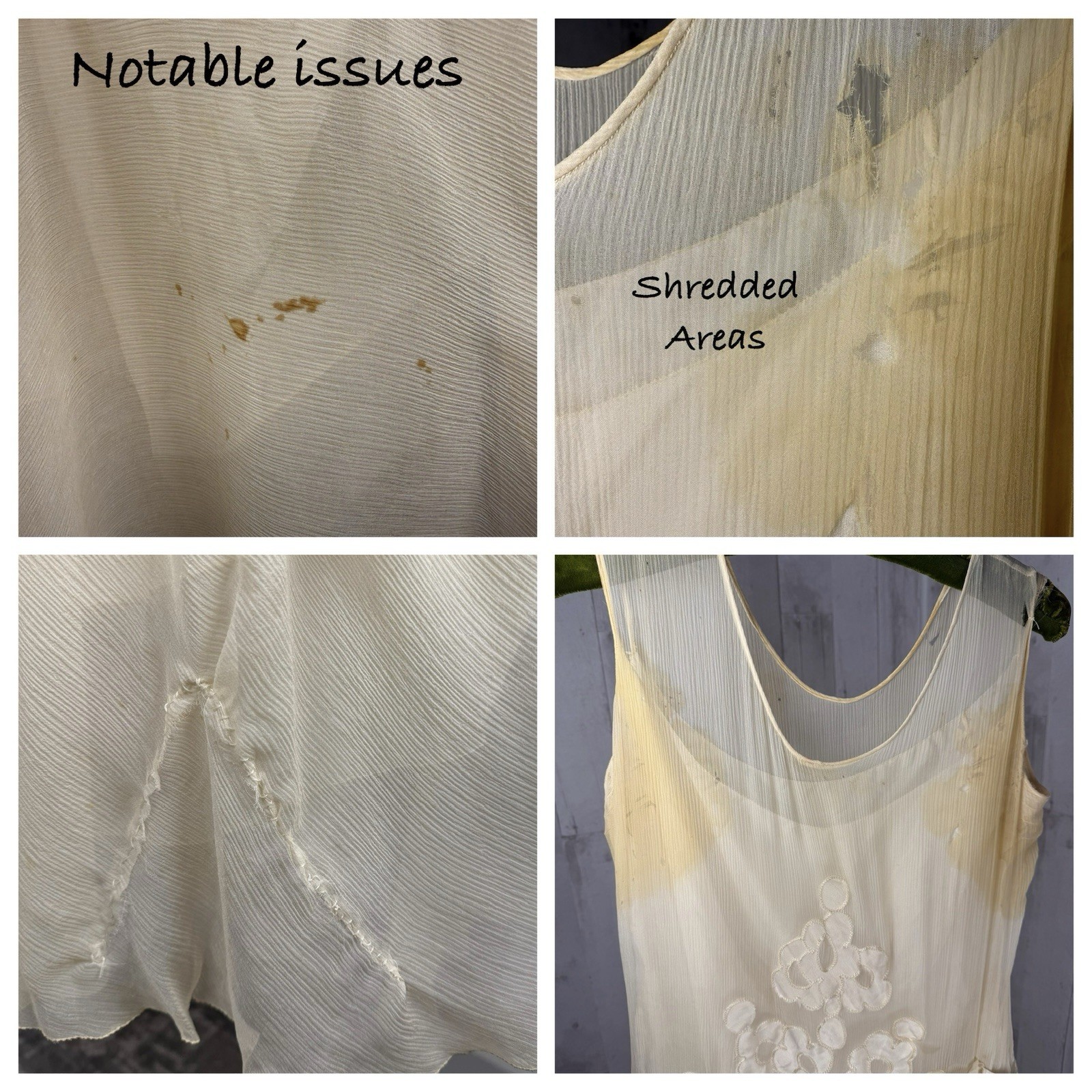 Vintage Antique 1920s Silk Flapper Wedding Dress Ivory Appliqué As-Is WOUNDED