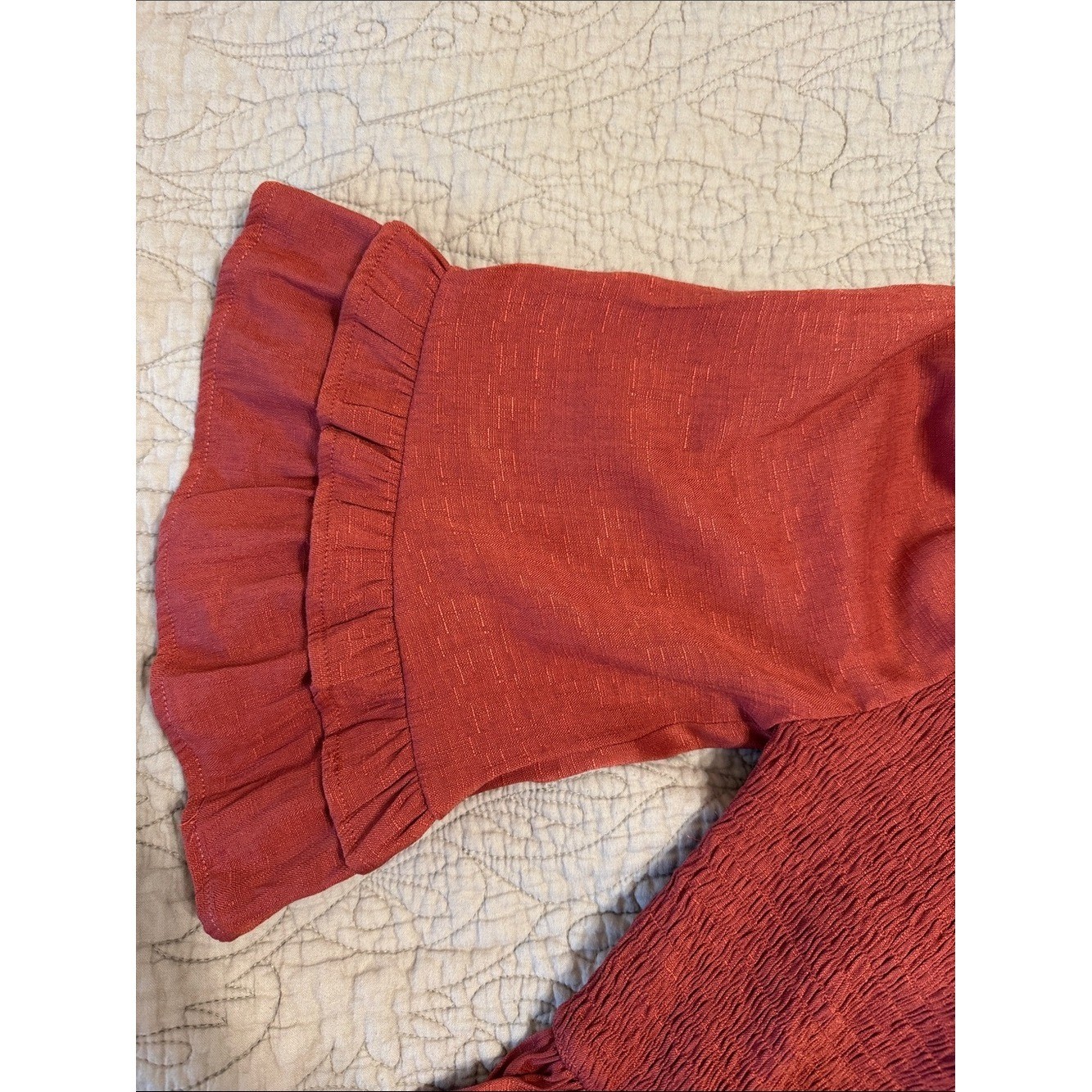 Boho Smocked Peplum Peasant Blouse with Ruffle Bell Sleeves Size M – Rust Rose