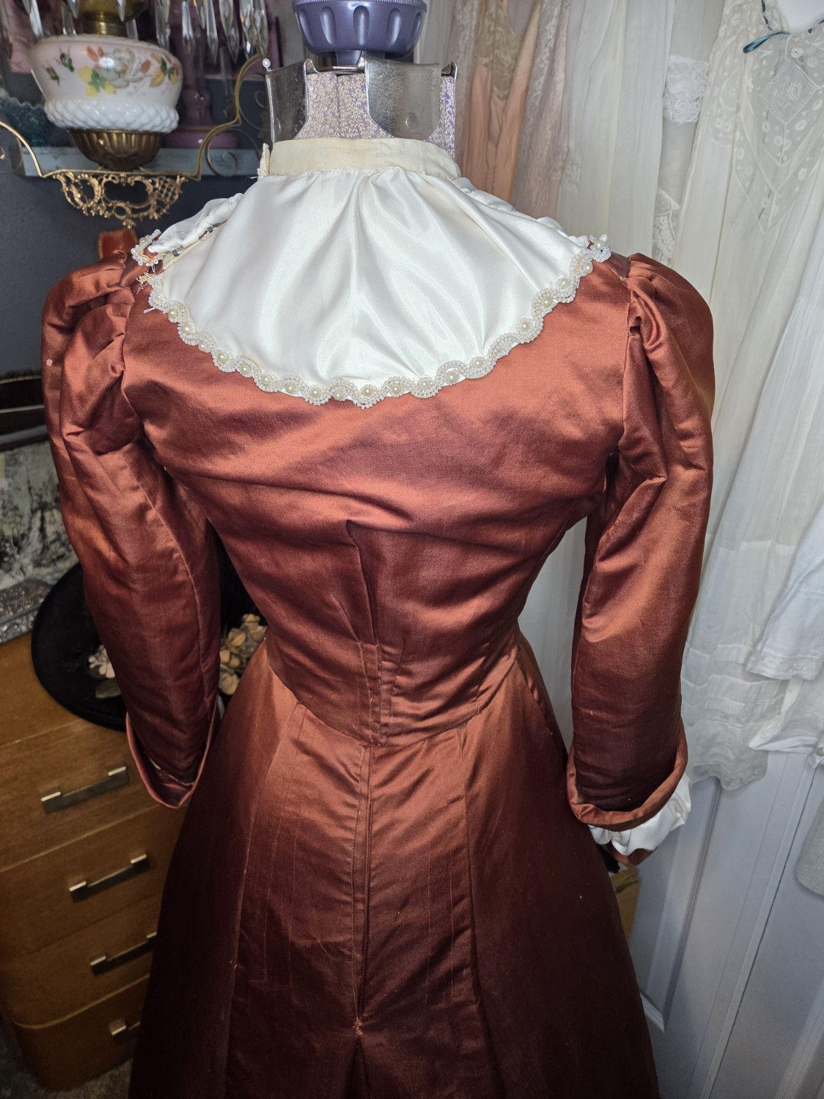 Victorian Copper Silk Blend Walking Suit w/ Ivory Taffeta Inserts & Pearl Trim