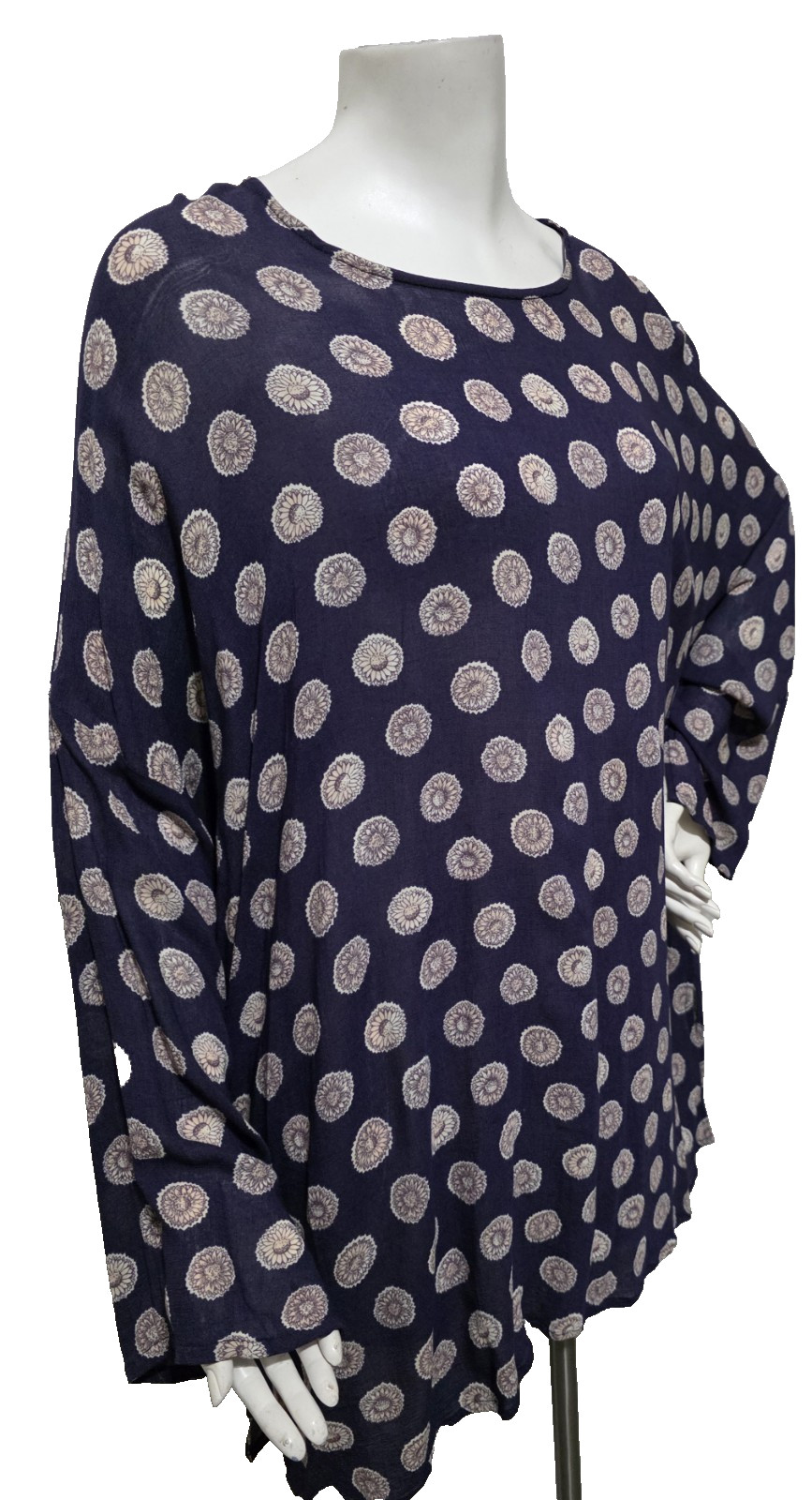 SU-ZEN OS Top Tunic Navy Floral Dots Pullover Semi-Sheer &rsquo;90s Art To Wear Boho
