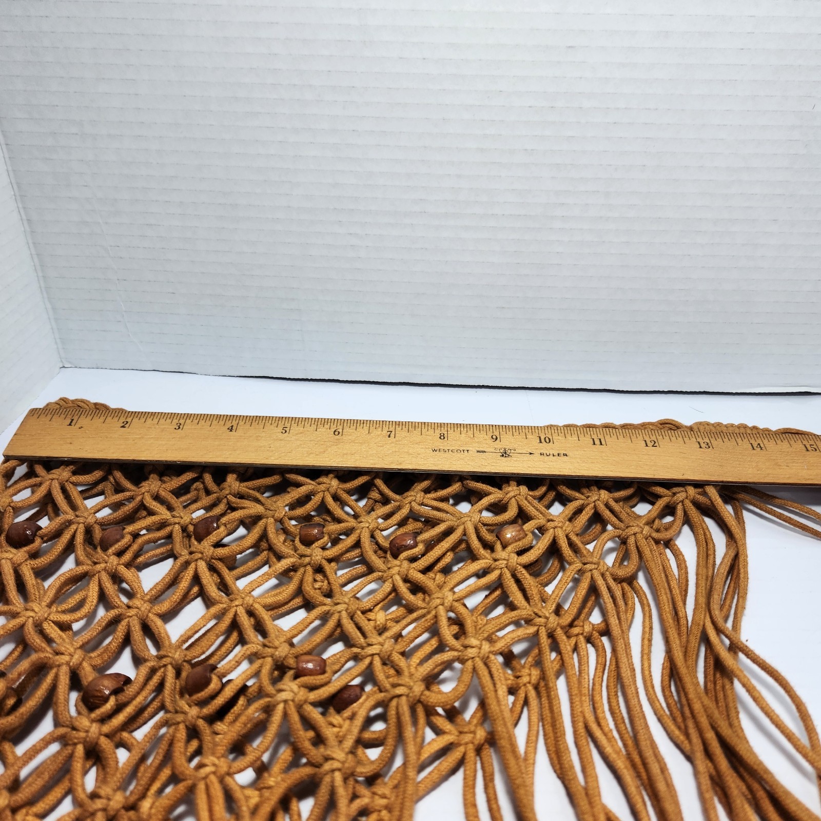 Vintage Boho Macrame Bikini Cover Up Tan Fringe Wood Beads Festival Wear
