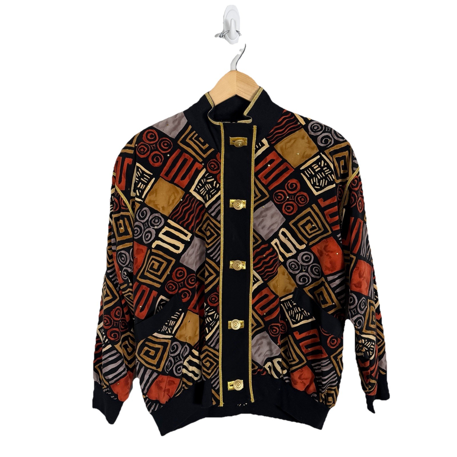 Vintage 90s Cache Geometric Abstract Artsy Gold Trim Bomber Jacket Women’s Large