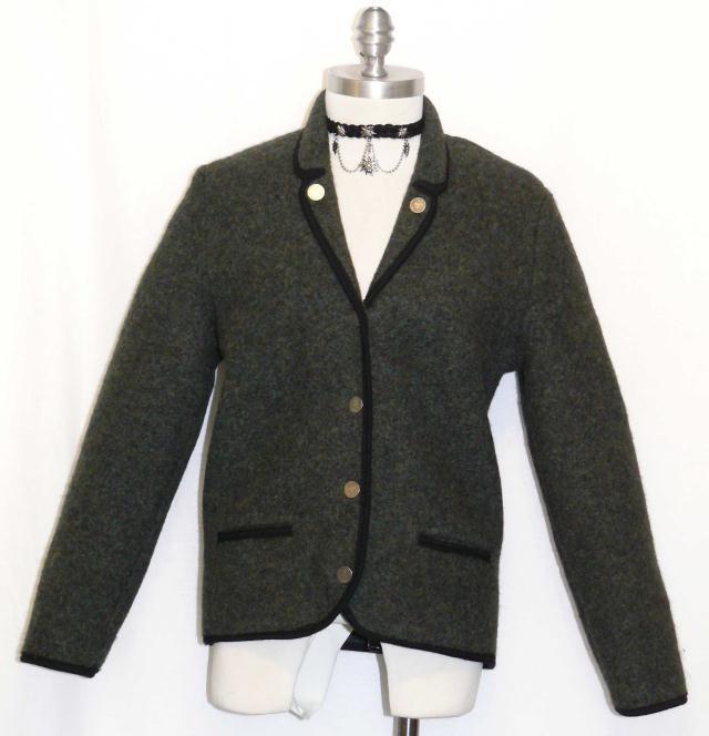 GREEN BOILED WOOL JACKET Women German Hunting Car Walk Coat Eu 40 6 8 S B38&Prime;