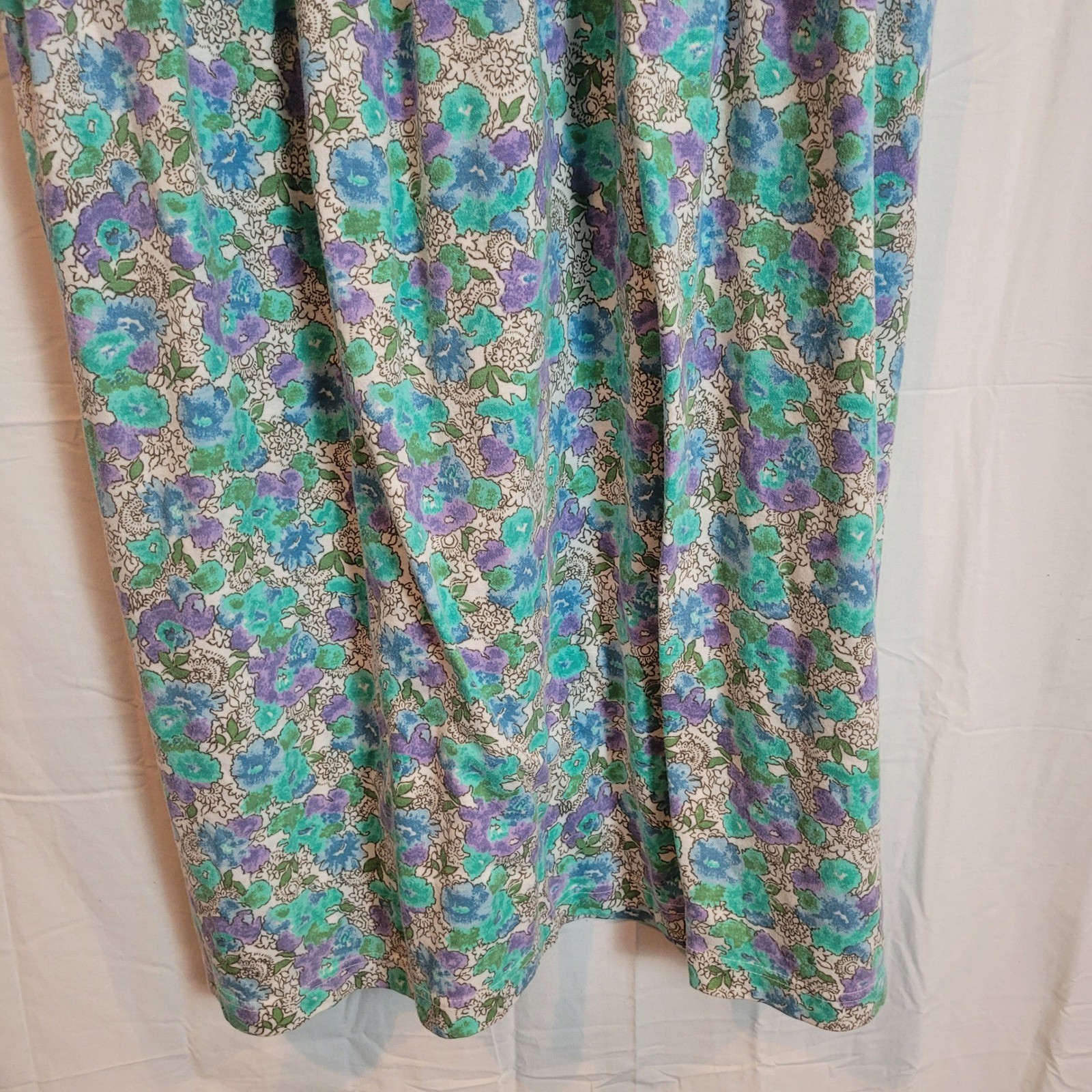 Vintage Lands End Floral Midi Dress Womens Large Teal Purple Cotton Blend USA