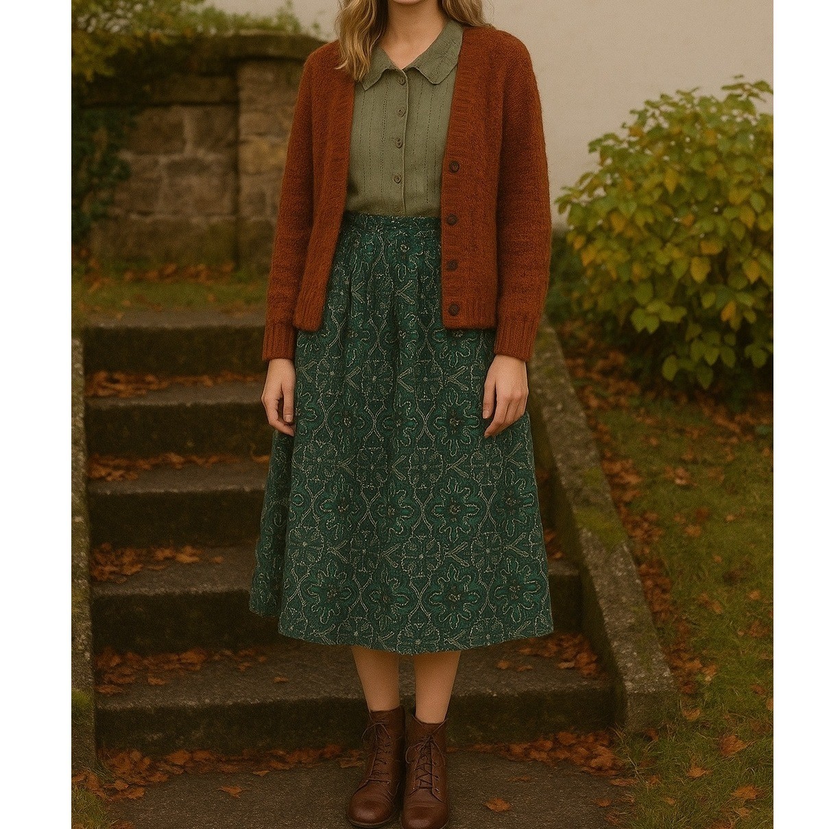 Vintage 90s Jones Wear Green Bandanna Paisley Midi Skirt Pleated High Waist