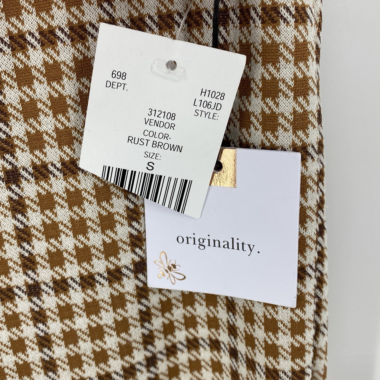 Originality Rust Brown Houndstooth Pull On Pants Size Small Stretch NWT