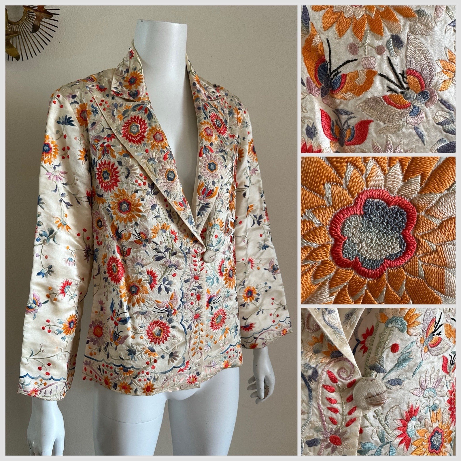 1920s 30s Silk Embroidered Export Piano Shawl Jacket Moth Floral Peking Knot VTG